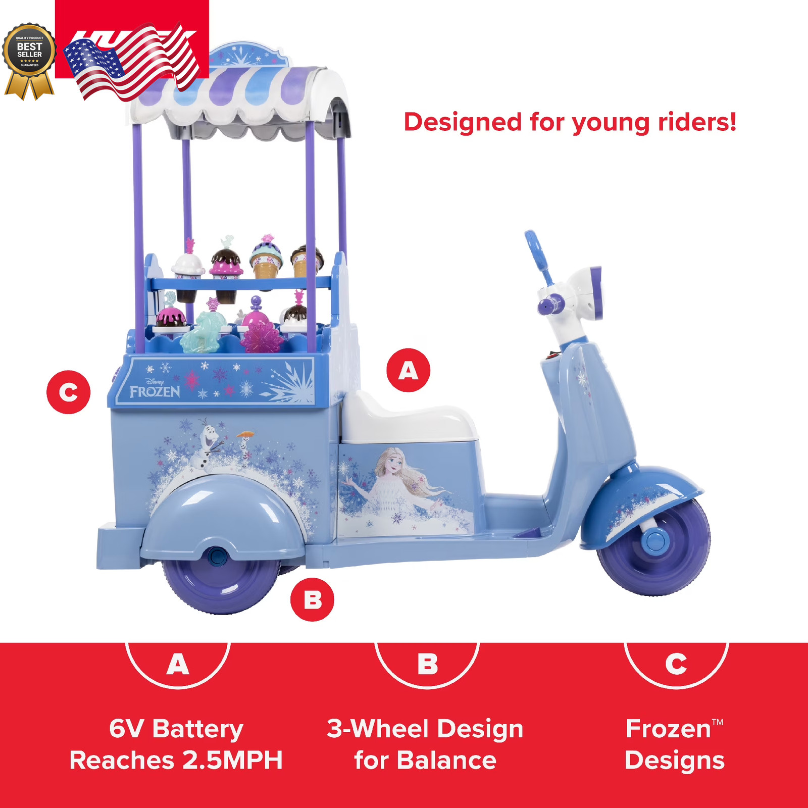 Kids Disney Frozen Electic Ride On Ice Cream Cart Toy W/ Ice Cream & Music GIFT