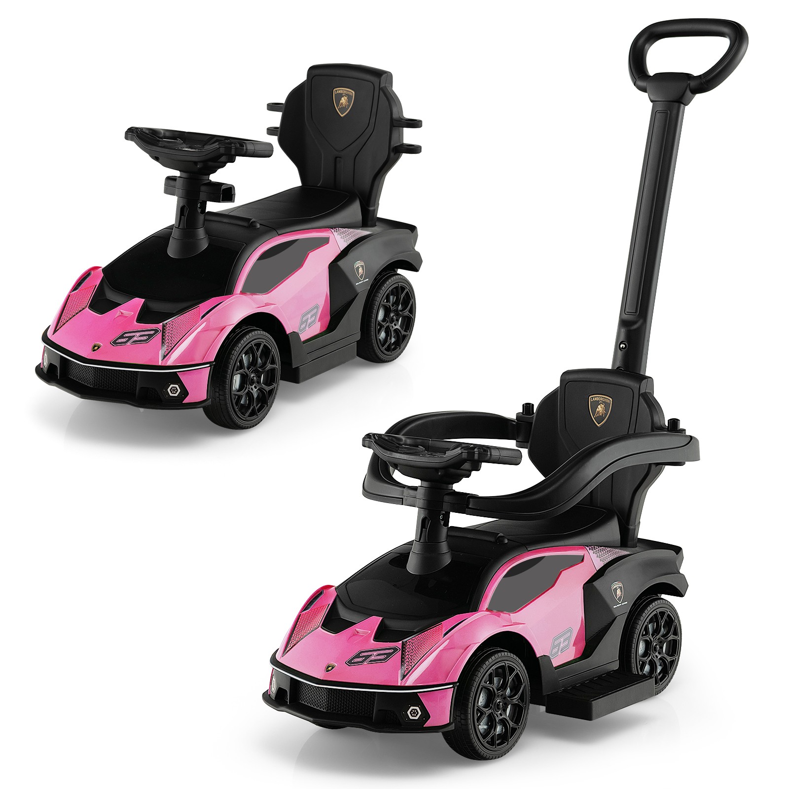 3-in-1 Licensed Lamborghini Ride on Push Car Stroller Sliding Car w/ Sound Pink