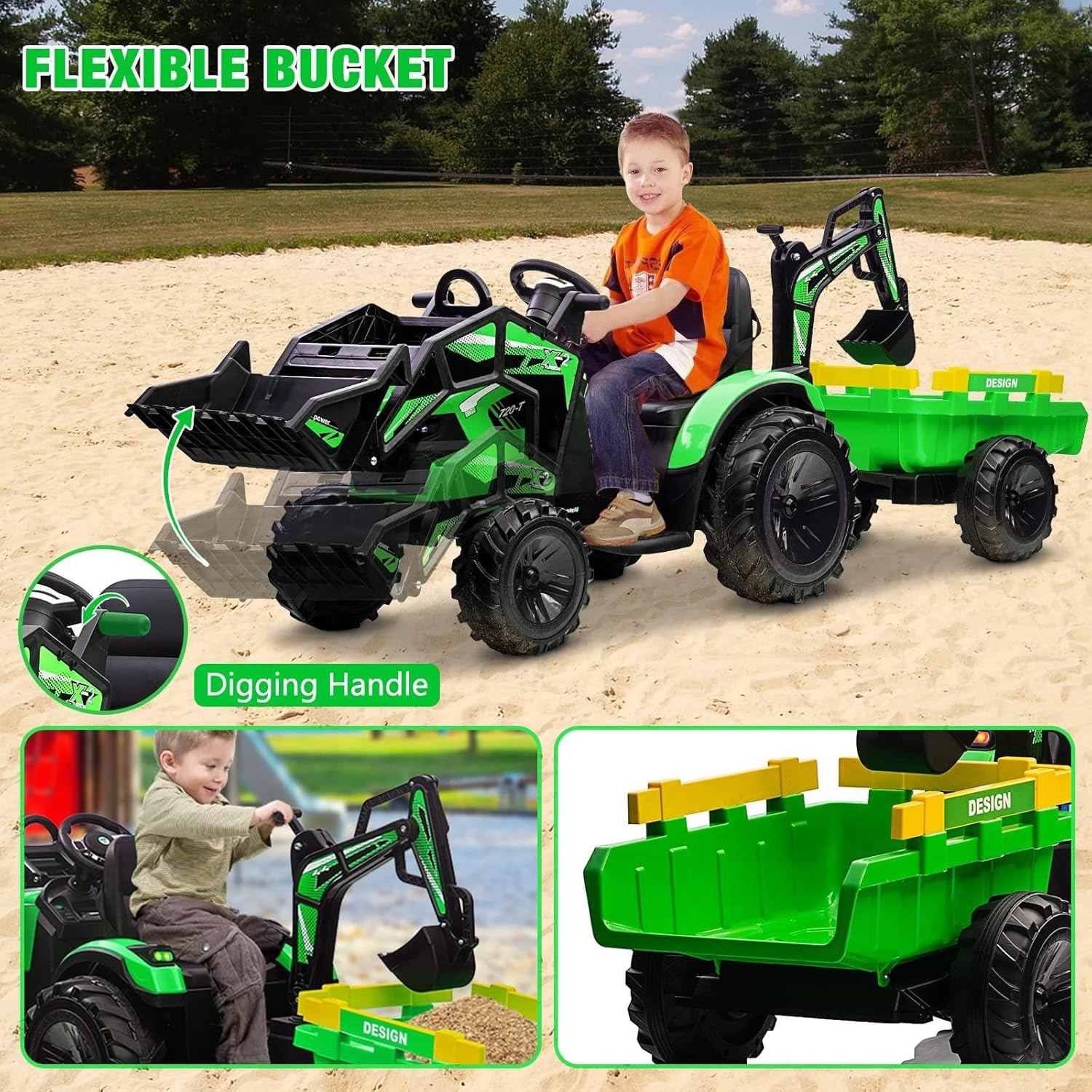 3-In-1 Ride on Tractor, 24V Ride on Car Toy Excavator & Bulldozer