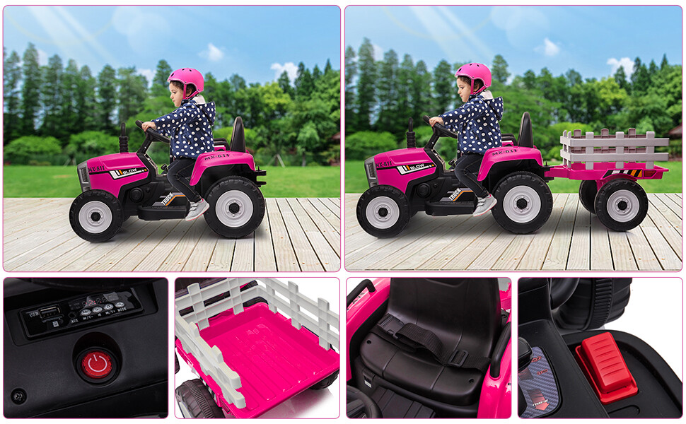 12V Electric Kids Ride On Tractor Battery Powered Toy w/ Trailer Christmas Gift