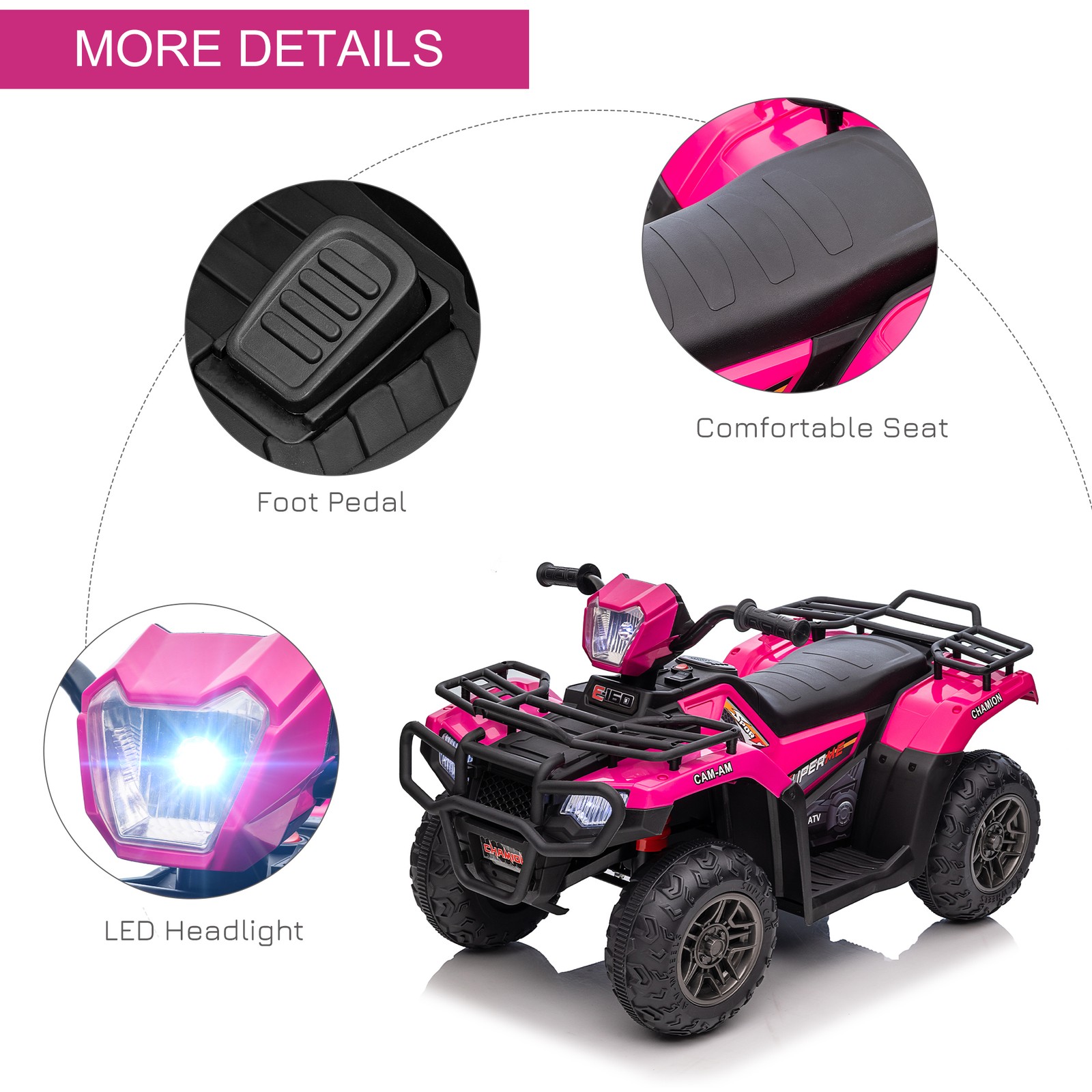 Aosom 12V Kids ATV w/ Forward Backward Function Music, Headlights, Pink
