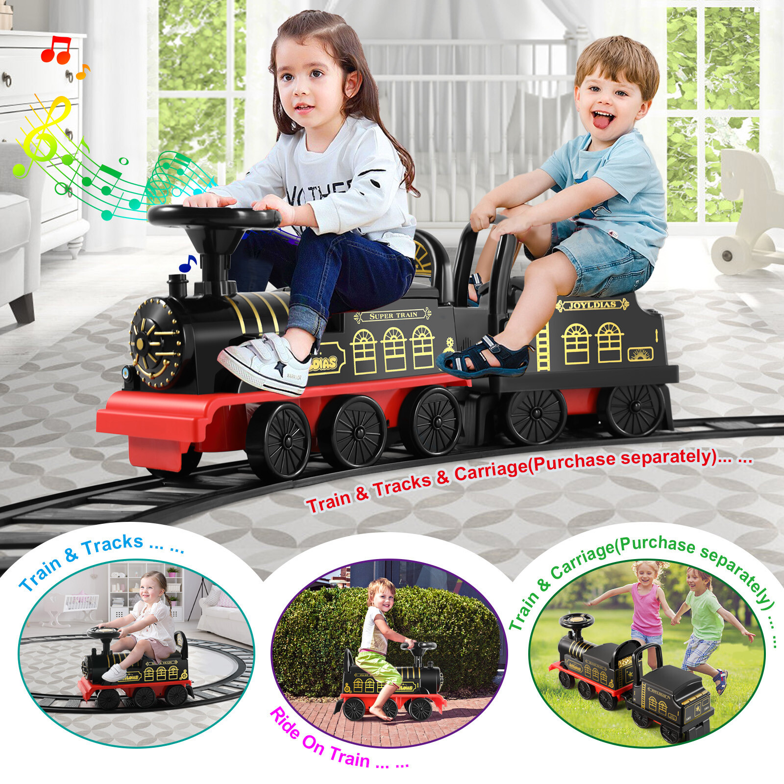 Electric 6V Kids Ride On Train Toys w/Curved Tracks+Whistle+Music+Lights+Storage