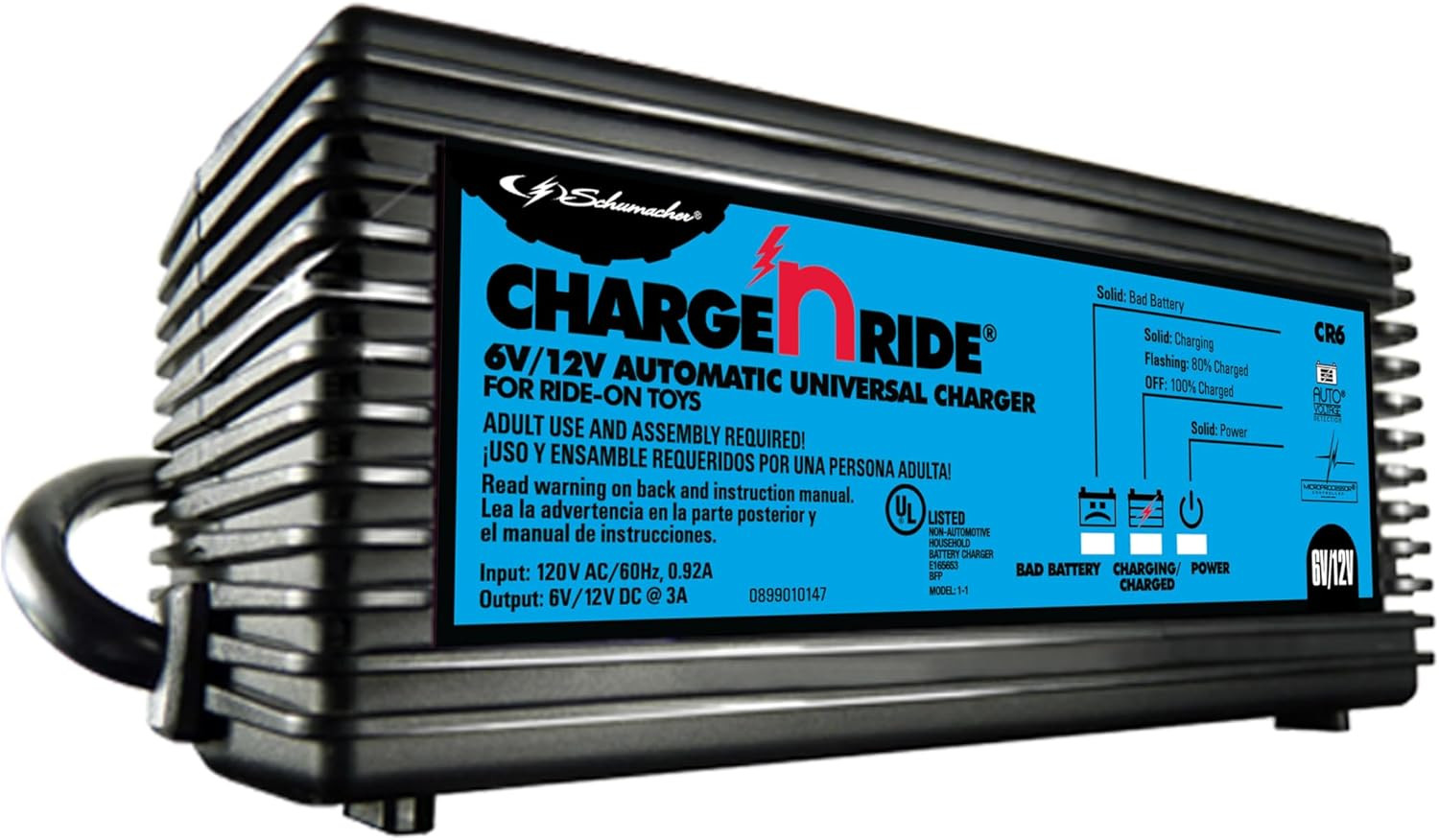 6 Volt / 12 Volt Battery Charger for Ride on Toys – Charge ‘N Ride CR6-3 Amp, Fu