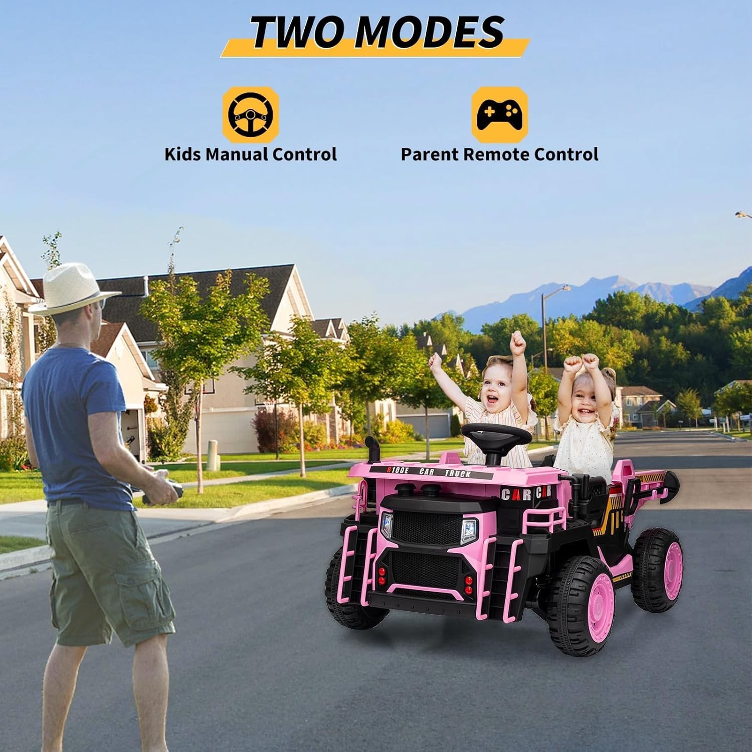 24V Kids Dump Truck, 4.4MPH 4WD + Remote Shock Absorption & LED Lights, 2 Seater
