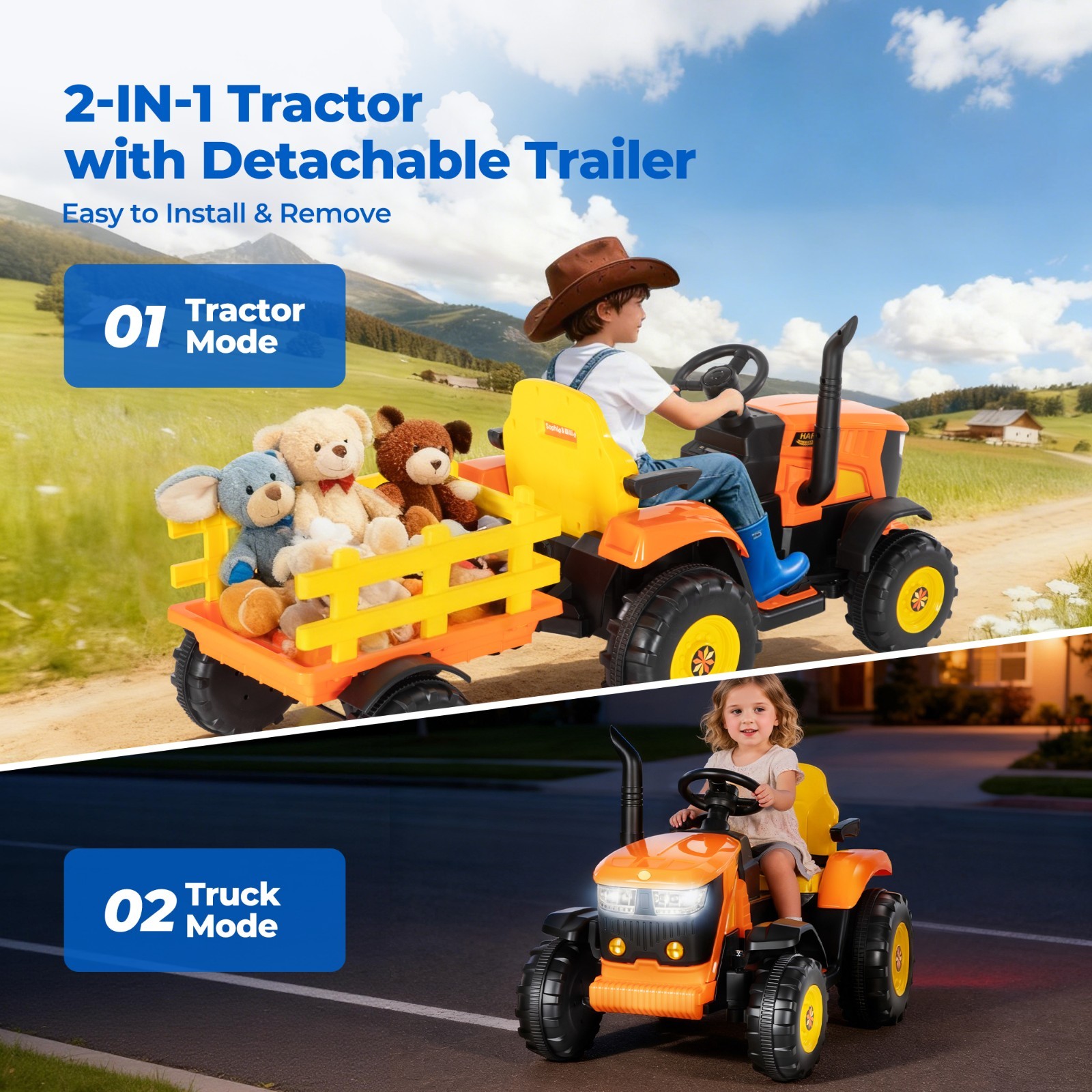 24V Electric Kids Ride On Tractor with Detachable Trailer 2x80W Motors EVA Tires