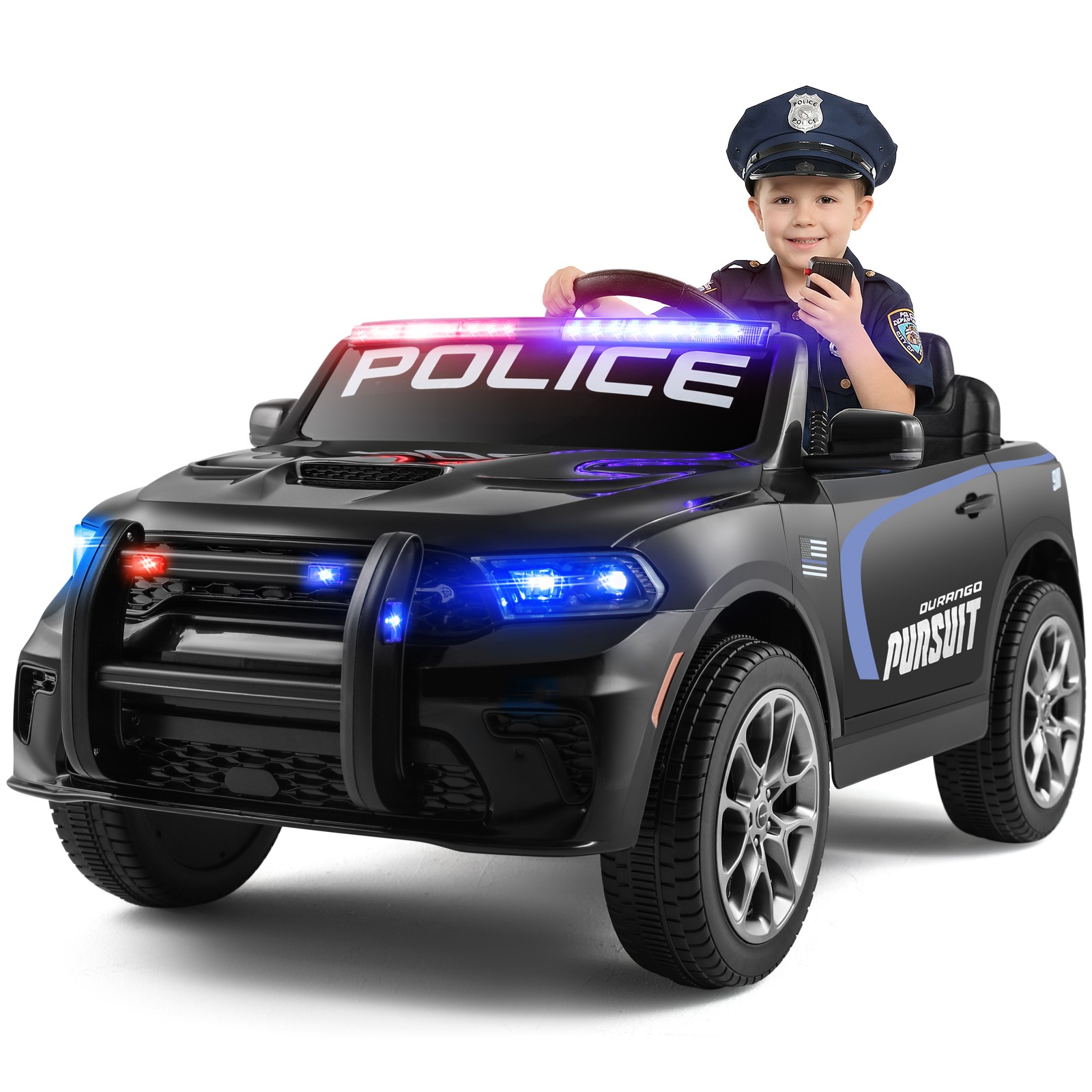 Kids 12V Electric Ride on Police Car 2 Speed, LED Light, RC, Music, Horn
