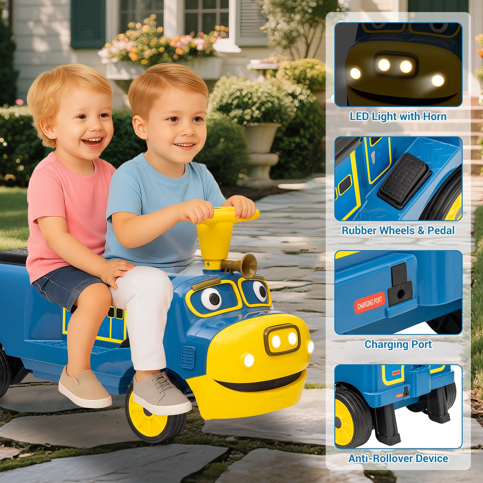 12V Kids 2-Seater Ride On Train Trackless Electric Toy Car Music Lights Storage