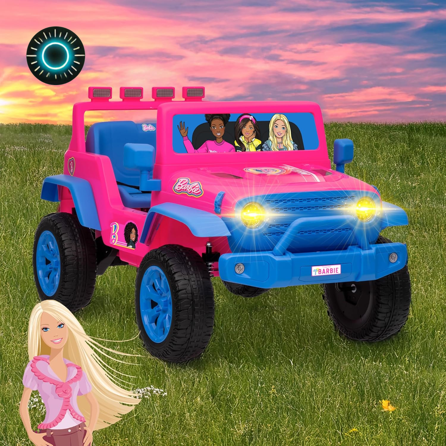 Barbie 12V Kids Ride-On Jeep with Rechargeable Battery LED Headlights Press NEW