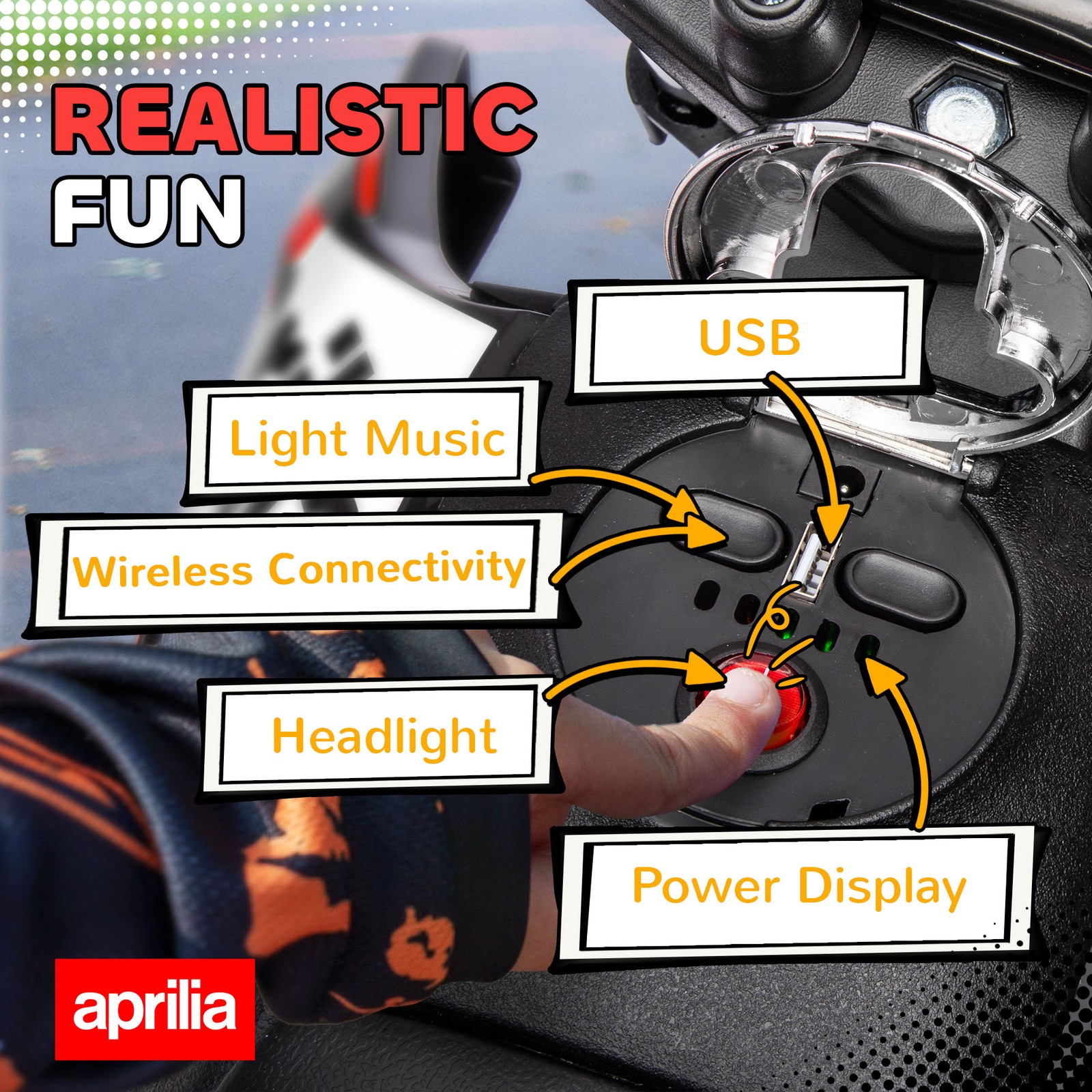12V Aprilia Licenced Kids Motorcycle with Training Wheels, Spring Suspension,…