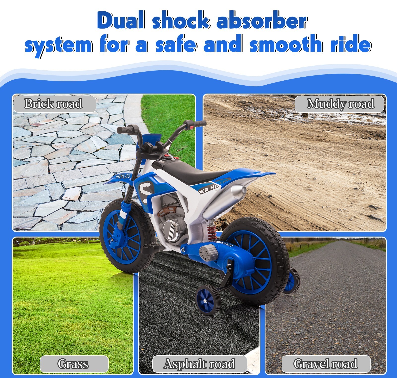 TOBB Electric 12V Blue Kids Ride On Motorcycle Bike Motorbike w/ Training Wheels