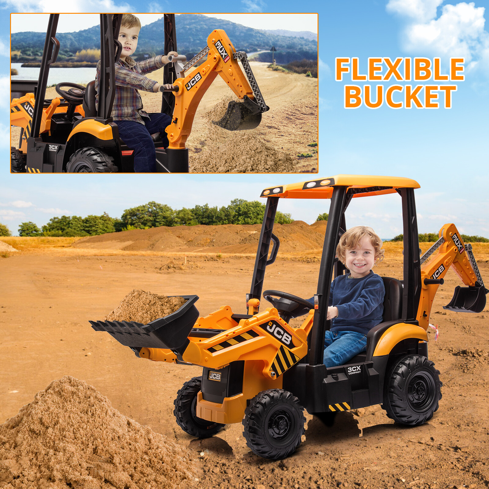 12V Kids Ride on Excavator & Bulldozer 4 in 1 Electric Vehicle Battery Powered