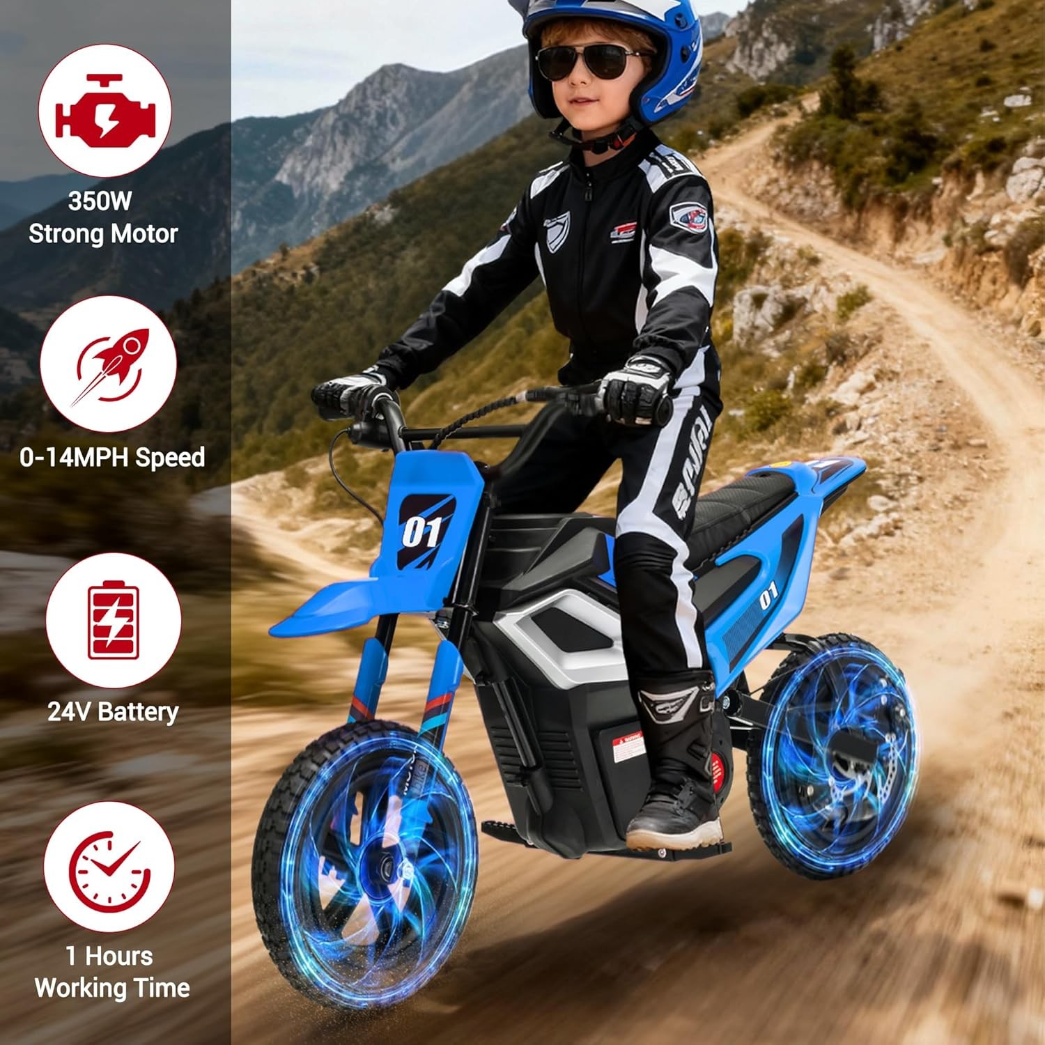 24v Ride on Motorcycle for Kids 350w Mini Dirt Bike 14 MPH Blue