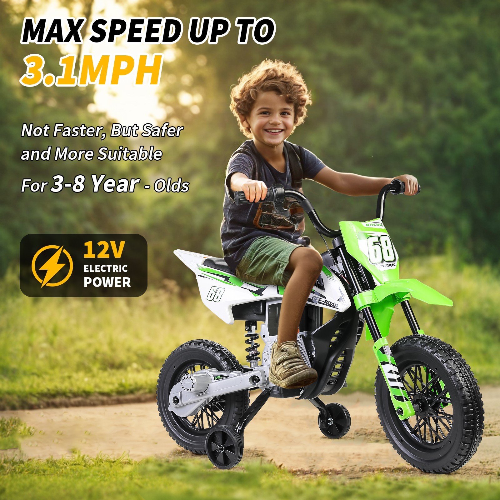 Electric Dirt Bike w/2 Training Wheels, Kids Ride on Motorcycle Holiday Gifts