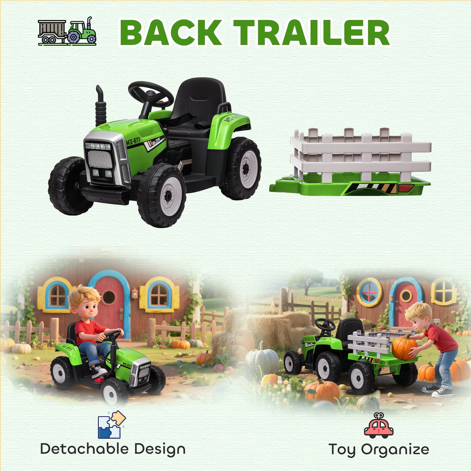 12V Electric Ride on Tractor with Trailer, 25W Dual Motors, Green