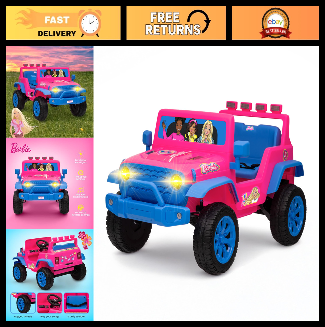 12V Kids Ride-On Car with Rechargeable Battery, LED Lights, Press-Button Start,