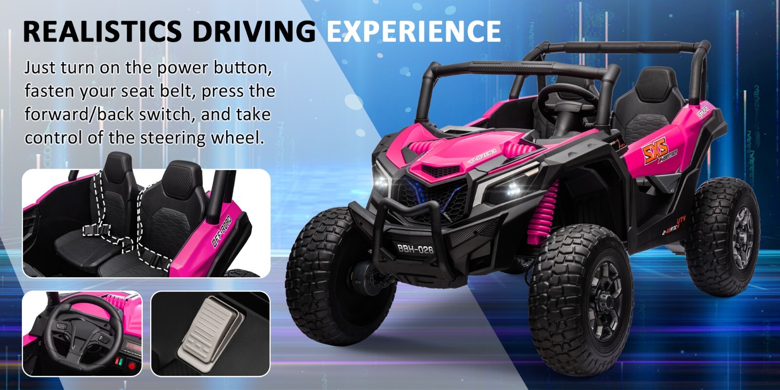 ZEOPHOL 24V Kids Ride On Car UTV Truck 4WD 2-Seater 4X200W Motor EVA Wheels Pink