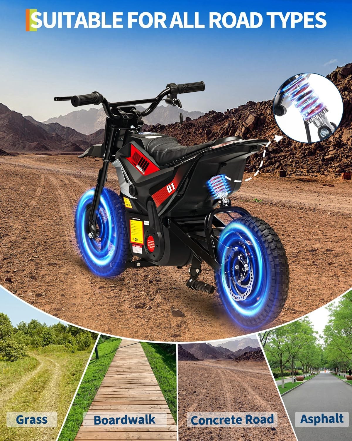 24V 350W Kids Electric Dirt Bike, 13.67 MPH, 12-Mile Range with Rear Suspension