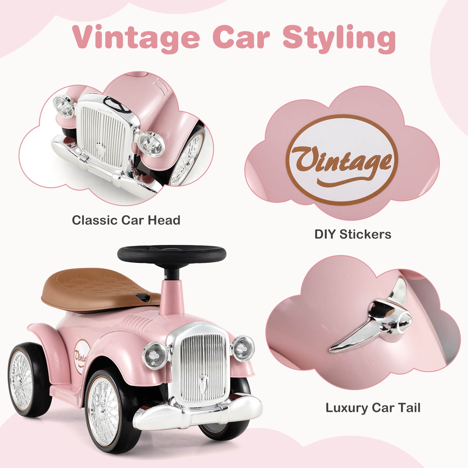 Retro Kids Ride-on Toy Kids Sit to Stand Vehicle with Working Steering Wheel