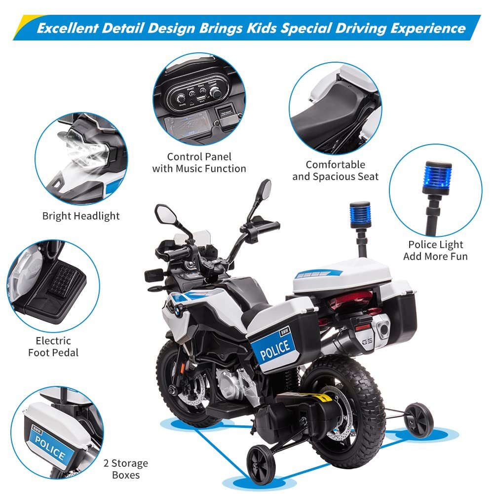 Kids Motorcycle Ride On Police Motorcycle 12V Battery Powered w/ Training Wheels