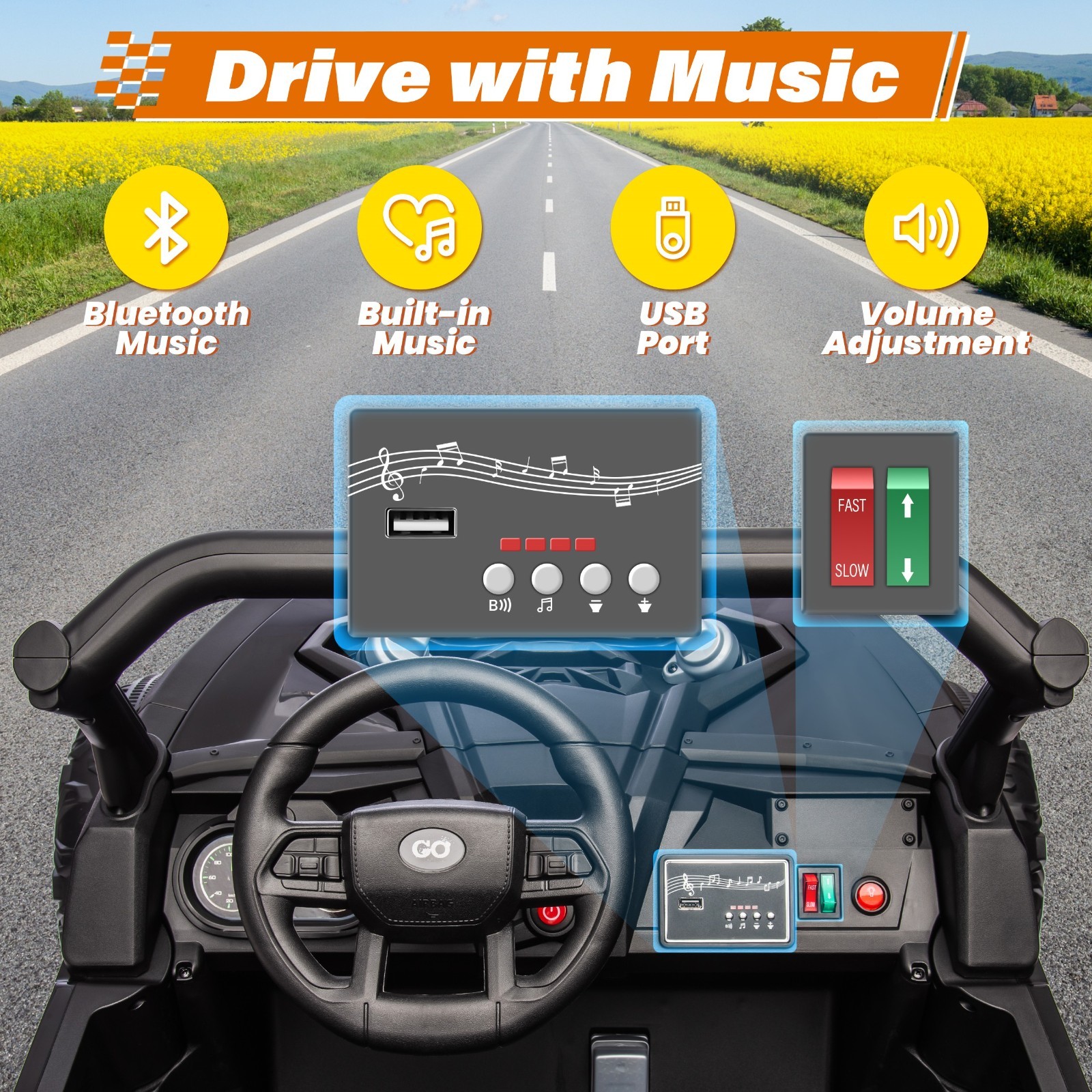 24V 2-Seat Kids UTV Parent Remote Slow Start Suspension Bluetooth USB LED Black