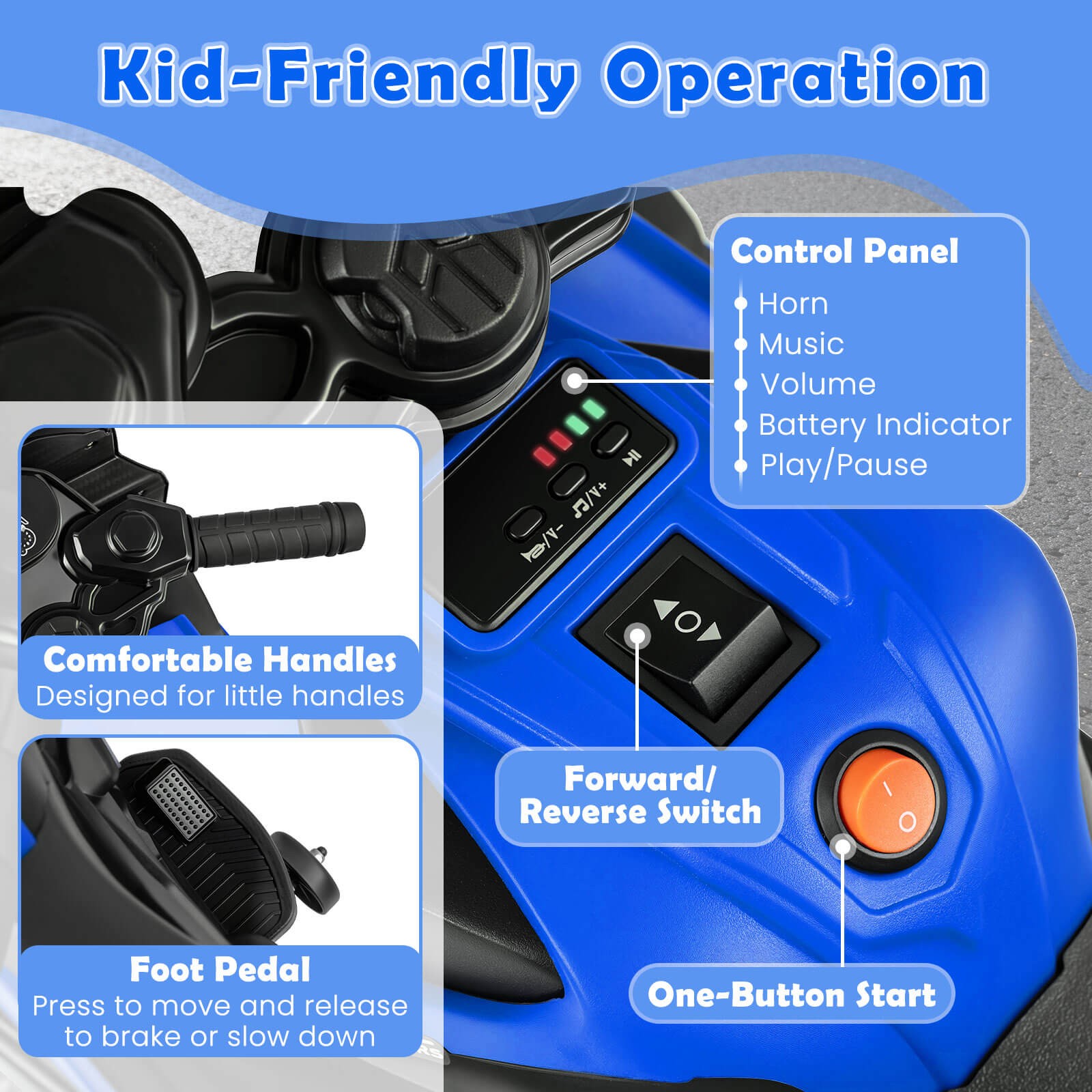 6V Kids Motorcycle w/Music, Horn, Detachable Training Wheels & LED Headlights