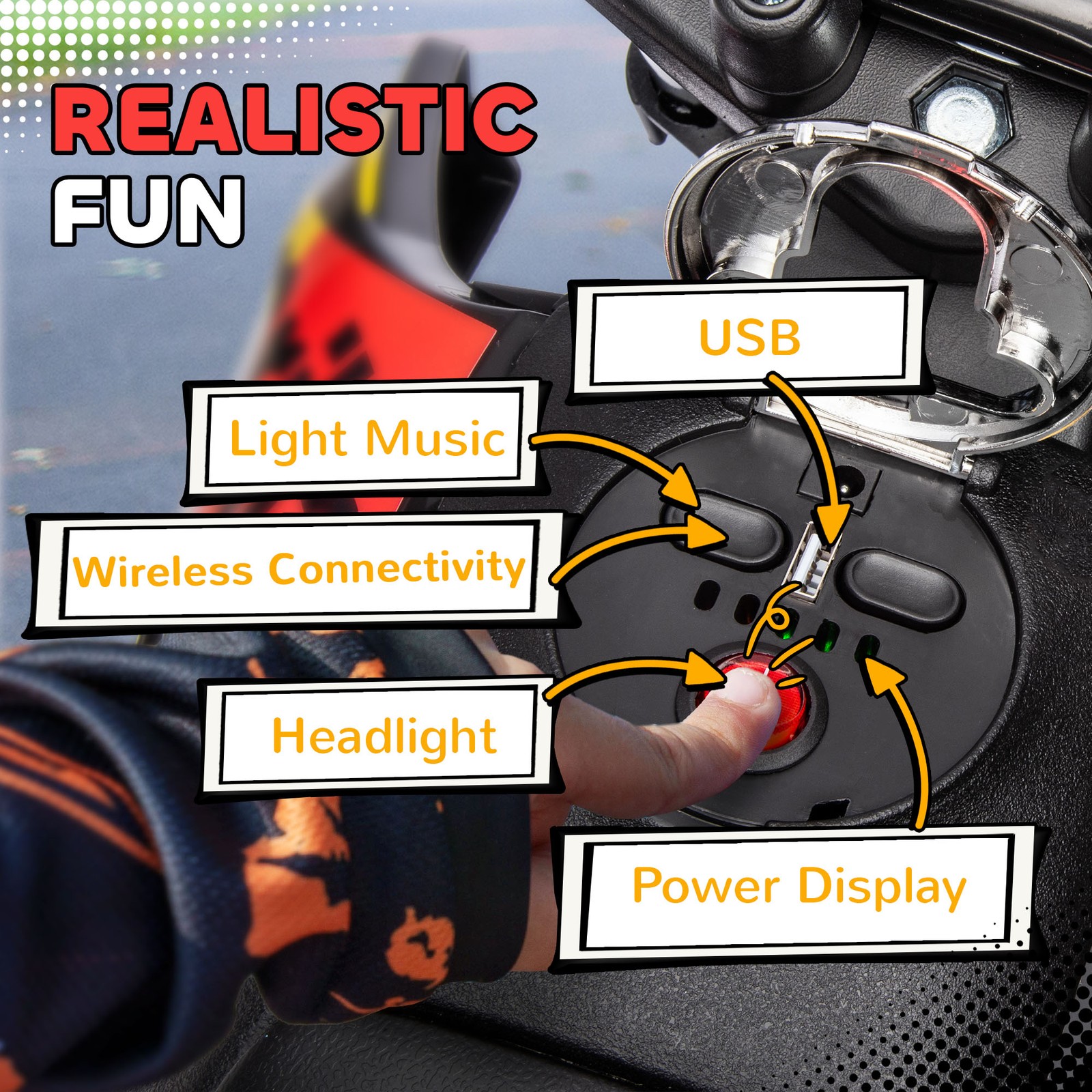 12V Aprilia Licenced Kids Motorcycle with Training Wheels, Yellow