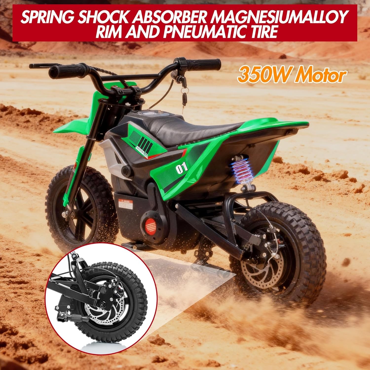 24v Ride on Motorcycle for Kids 350w Mini Dirt Bike 14 MPH Green