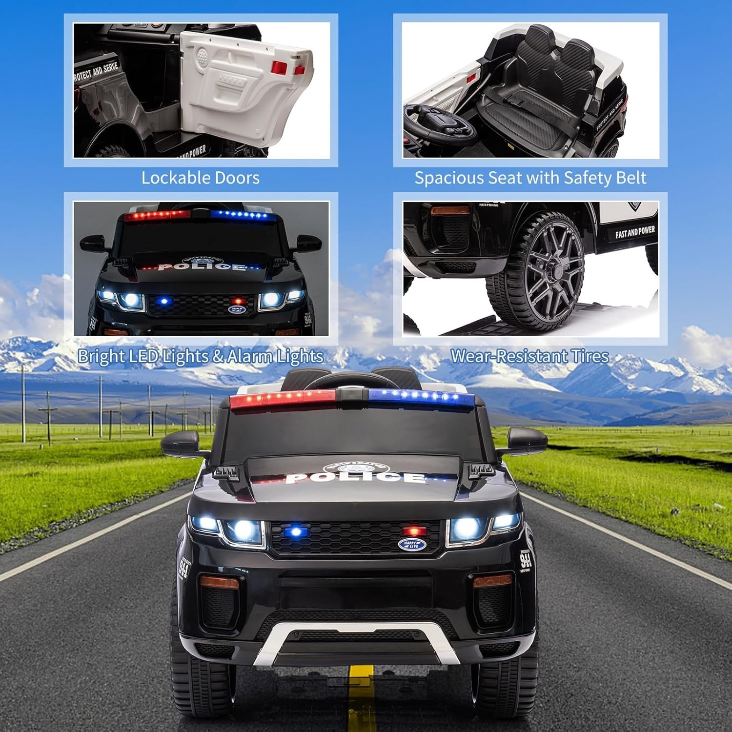 12V Kids Ride On Police Car with Remote Control Electric Police Car