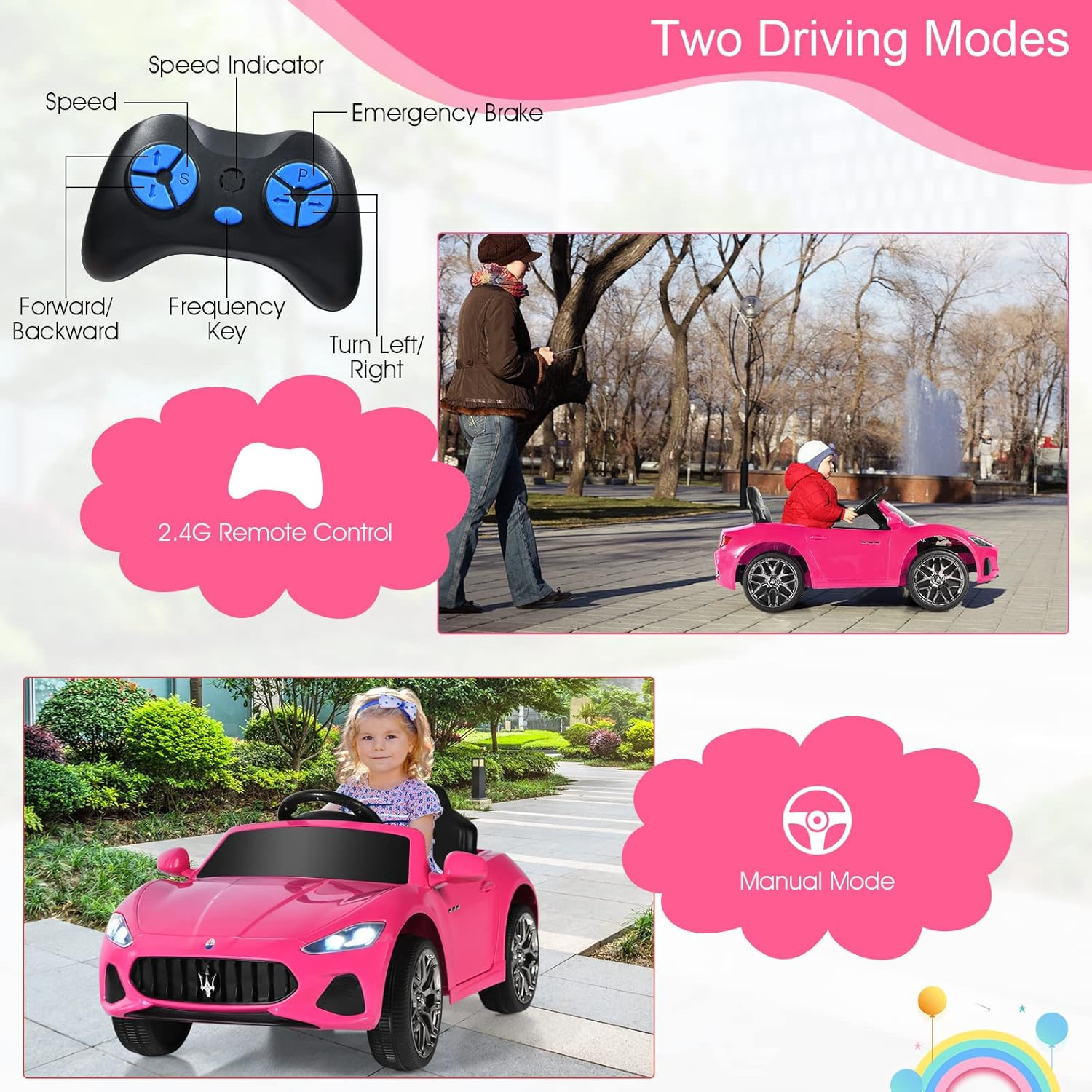 12V Kids Ride on Car, Pink Licensed Maserati Gran Cabrio Electric Vehicle with R