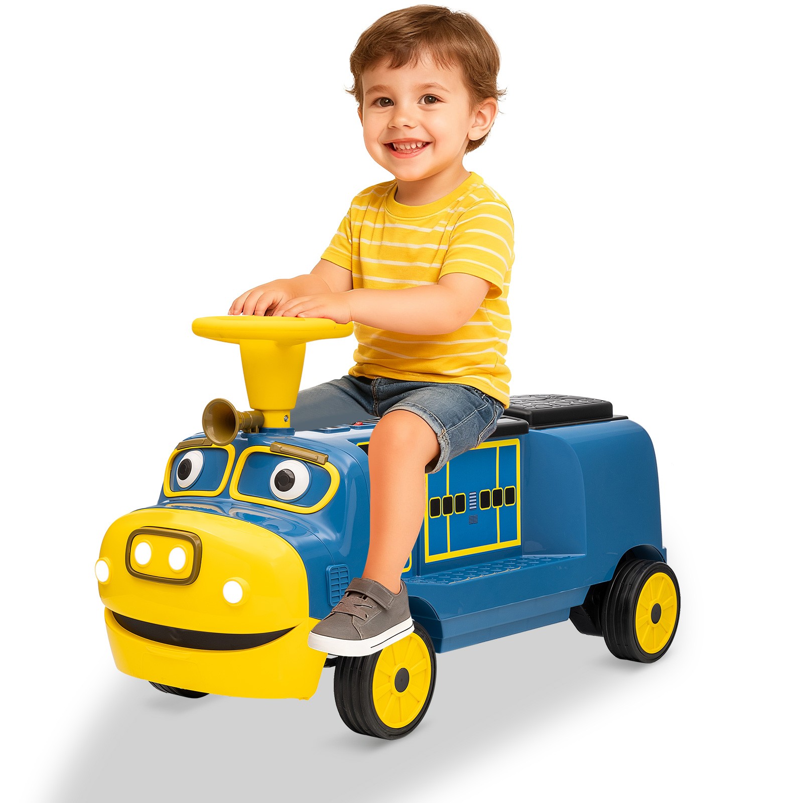 12V Kids 2-Seater Ride On Train Trackless Electric Toy Car Music Lights Storage