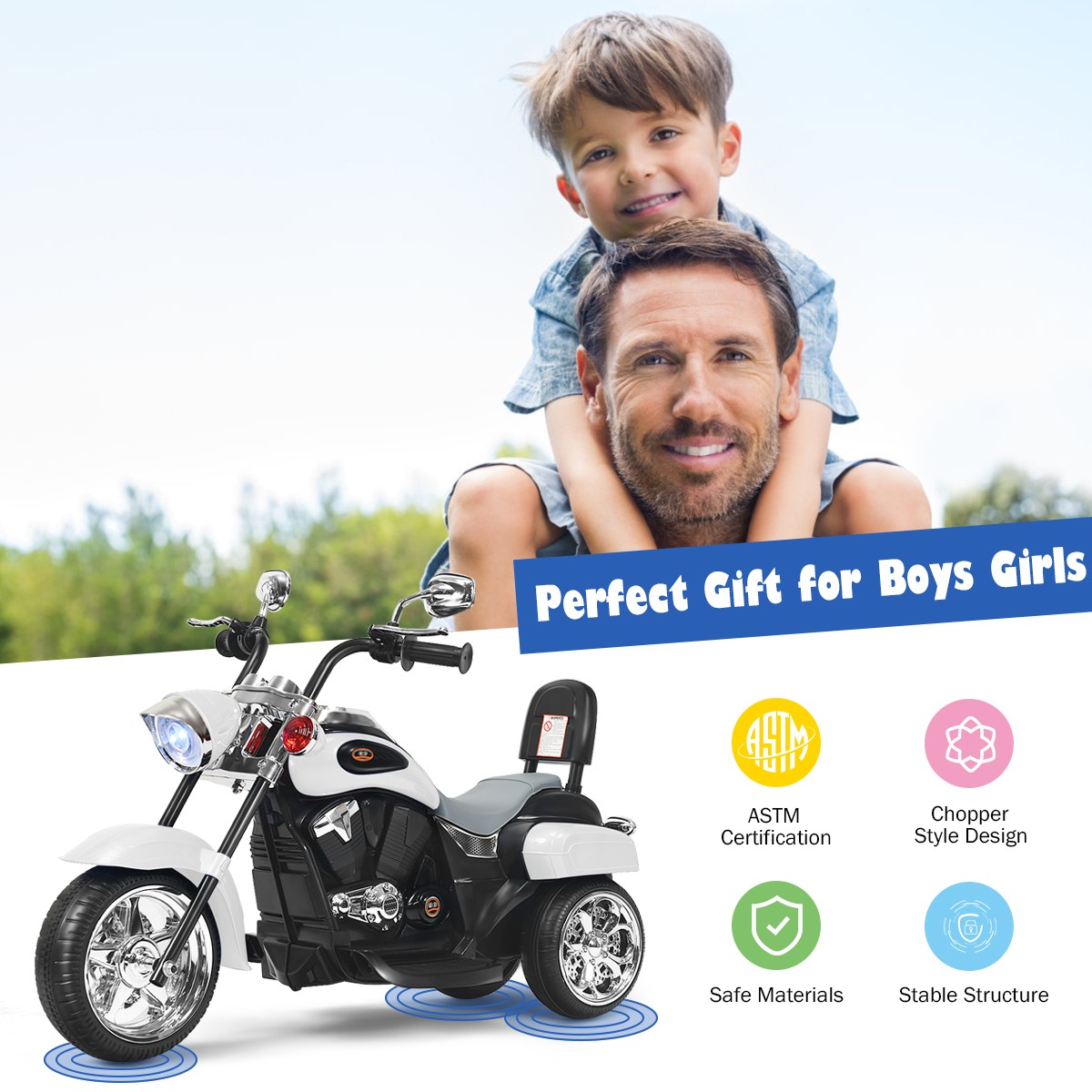 6V Kids Ride On Chopper Motorcycle Toddler 3 Wheel Trike w/ Light & Horn White