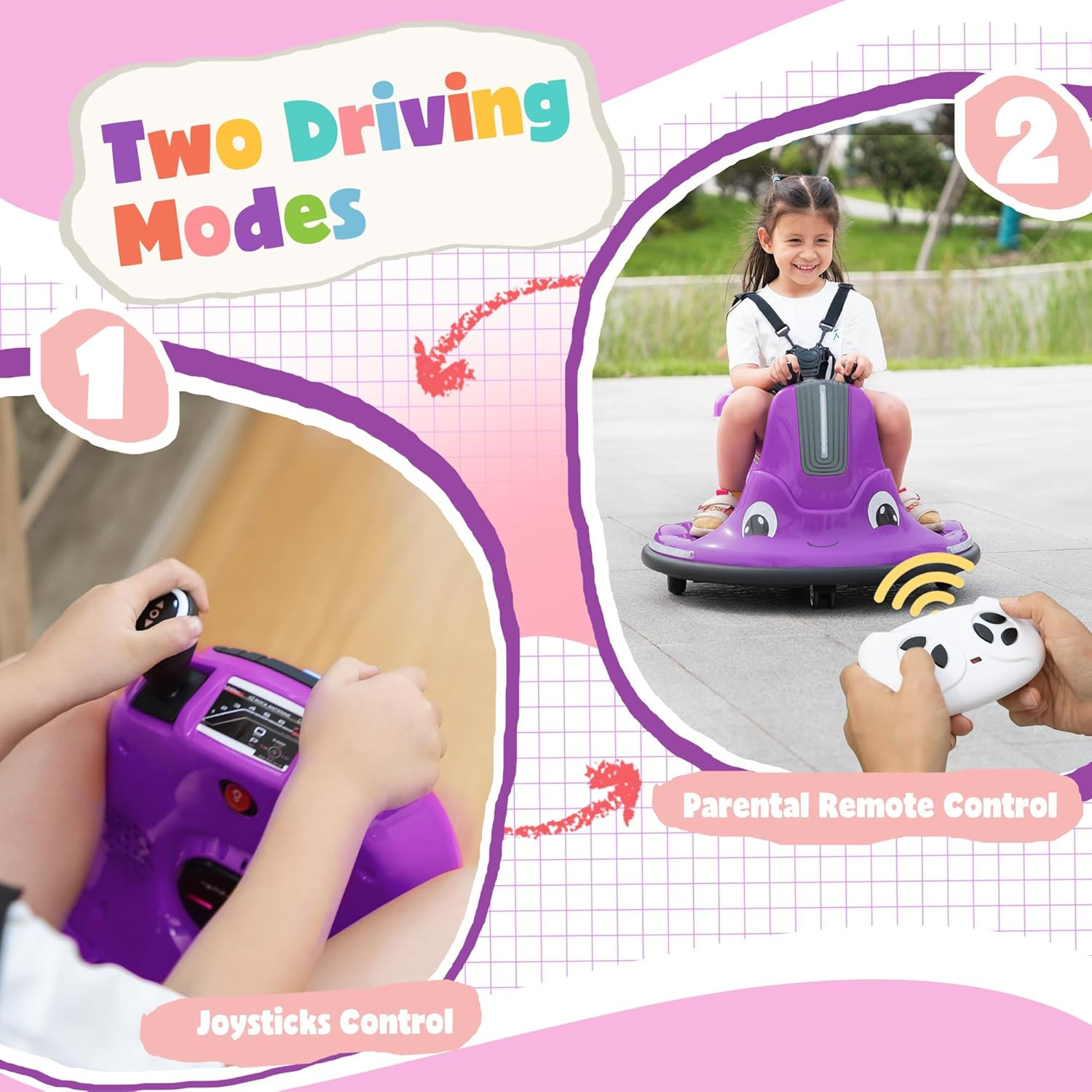 TOBBI Purple Snail Bumper Car 12V Ride-On Toy with Remote & DIY Stickers