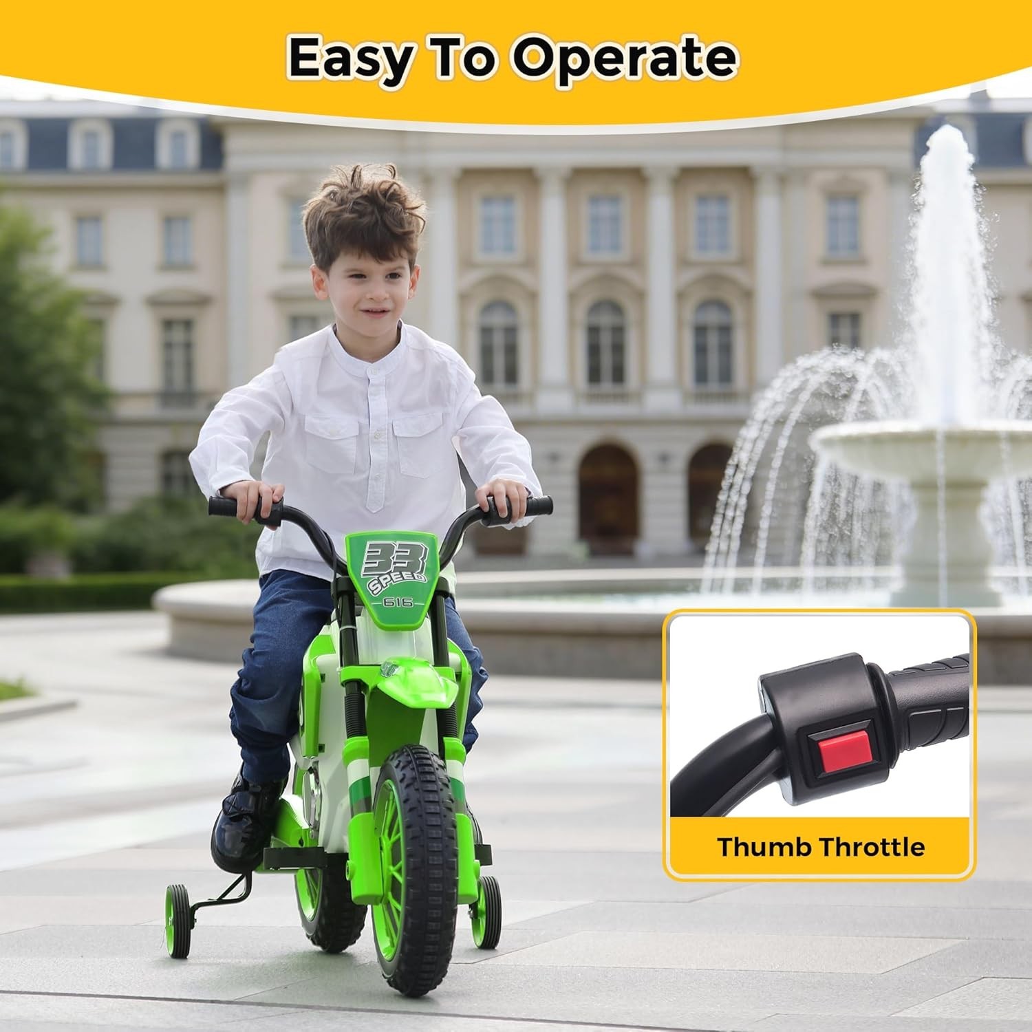 TOBBI 12V Electric Motorcycle for Kids, Motorized Vehicles w/ Training Wheels
