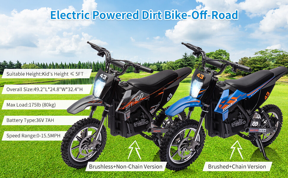 36V Kid Ride-On Motorcycle Electric Powered Dirt Bike Front+Back Brake for Teens