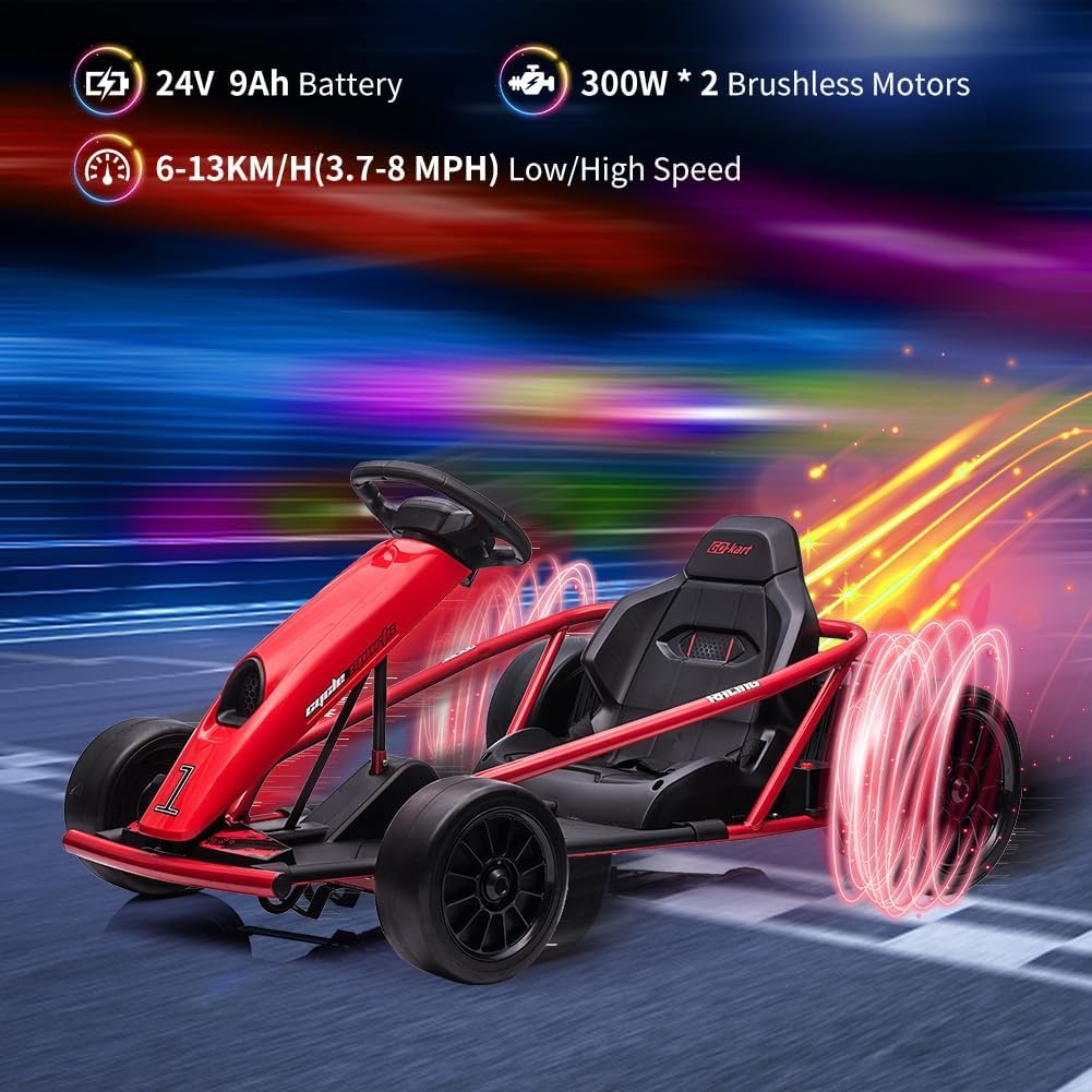 24V 9Ah Electric Ride-on Go Kart Car Toy 8.1MPH Power Wheels Load 300w Age 8-14
