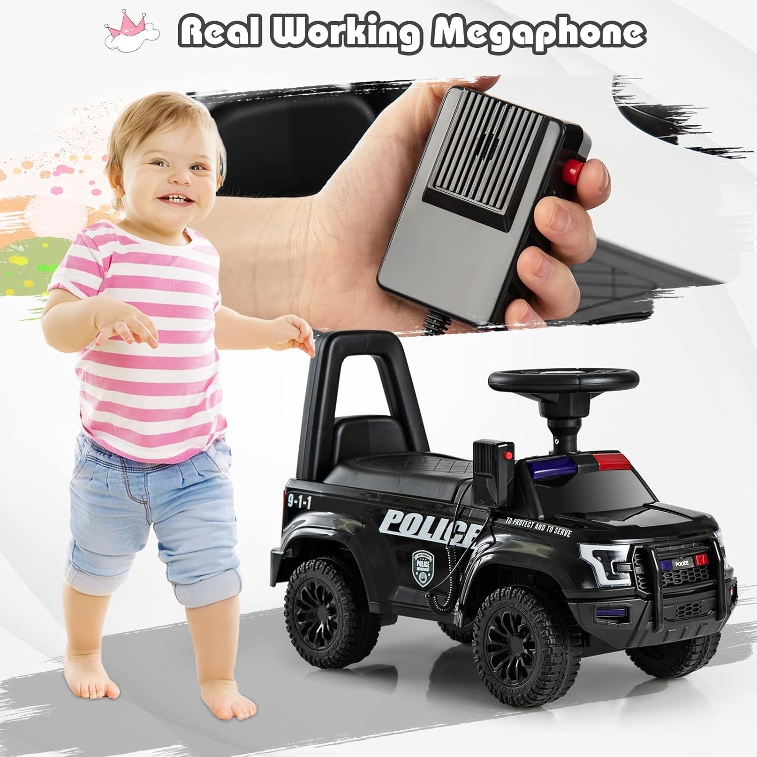 Ride on Push Police Car, Toddler Foot-To-Floor Sliding Toy with Siren, Steering