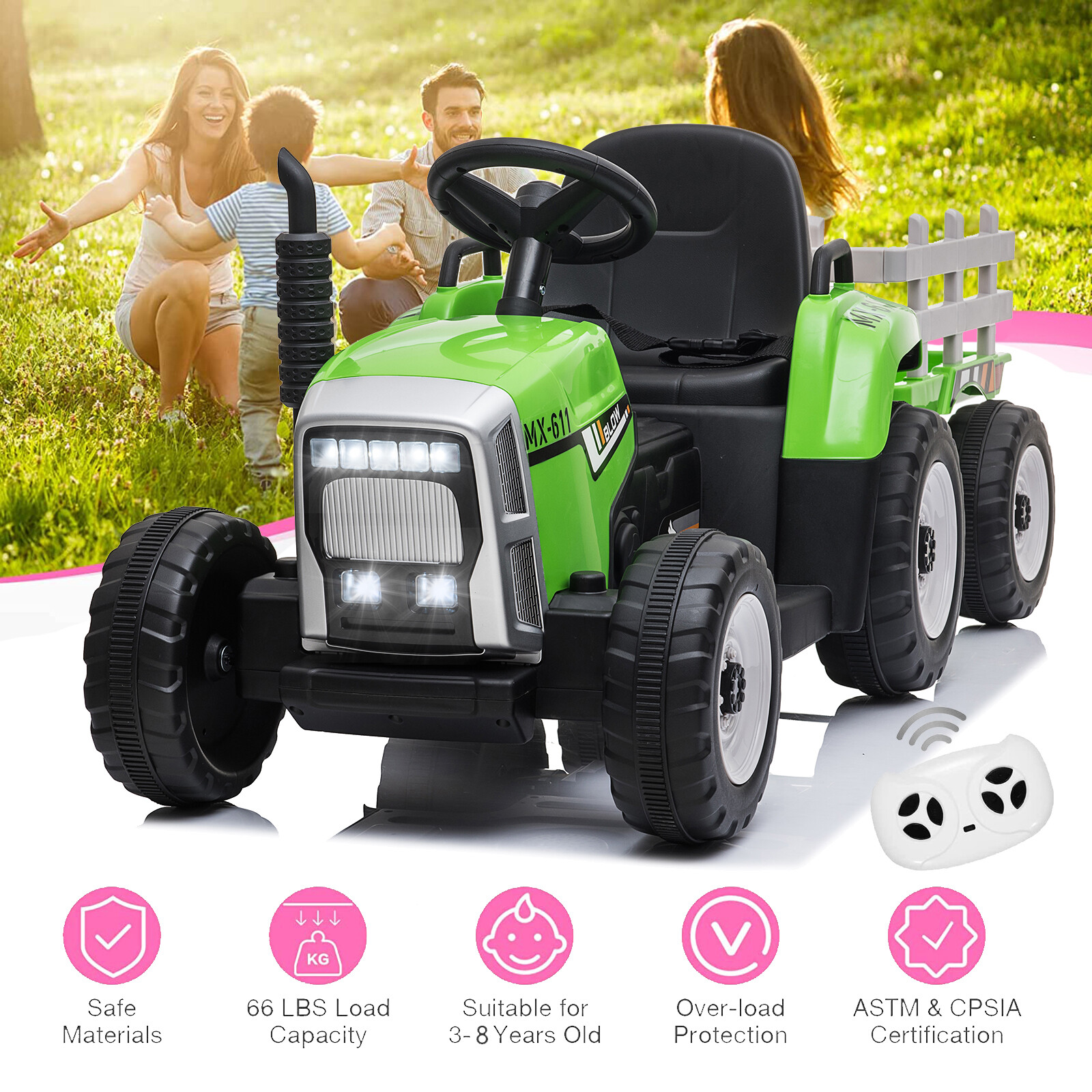 12V Ride on Tractor with Detachable Trailer Kids Toddler Truck Car Toy Xmas Gift