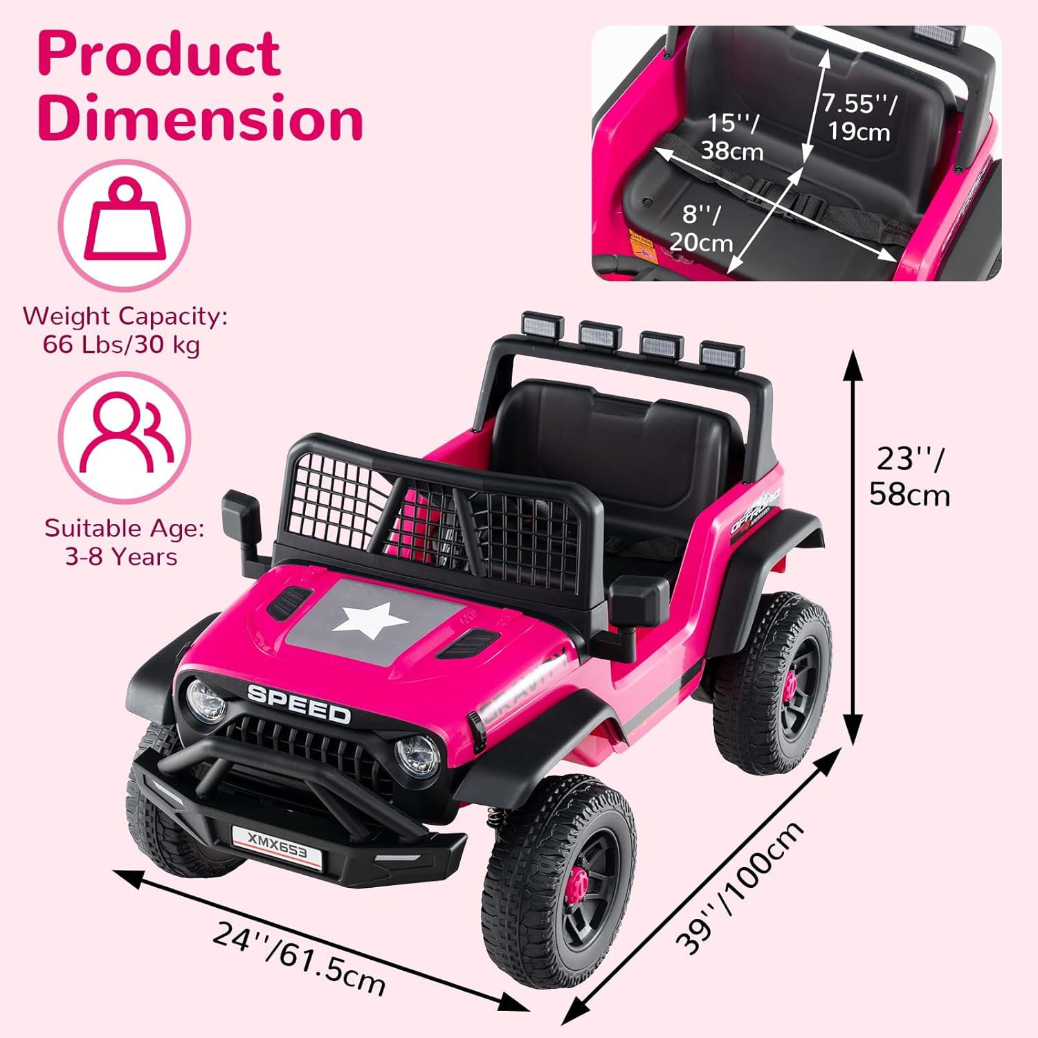 24V Ride on Car with Remote Control, Bluetooth, LED Lights, Horn, Spring Suspens