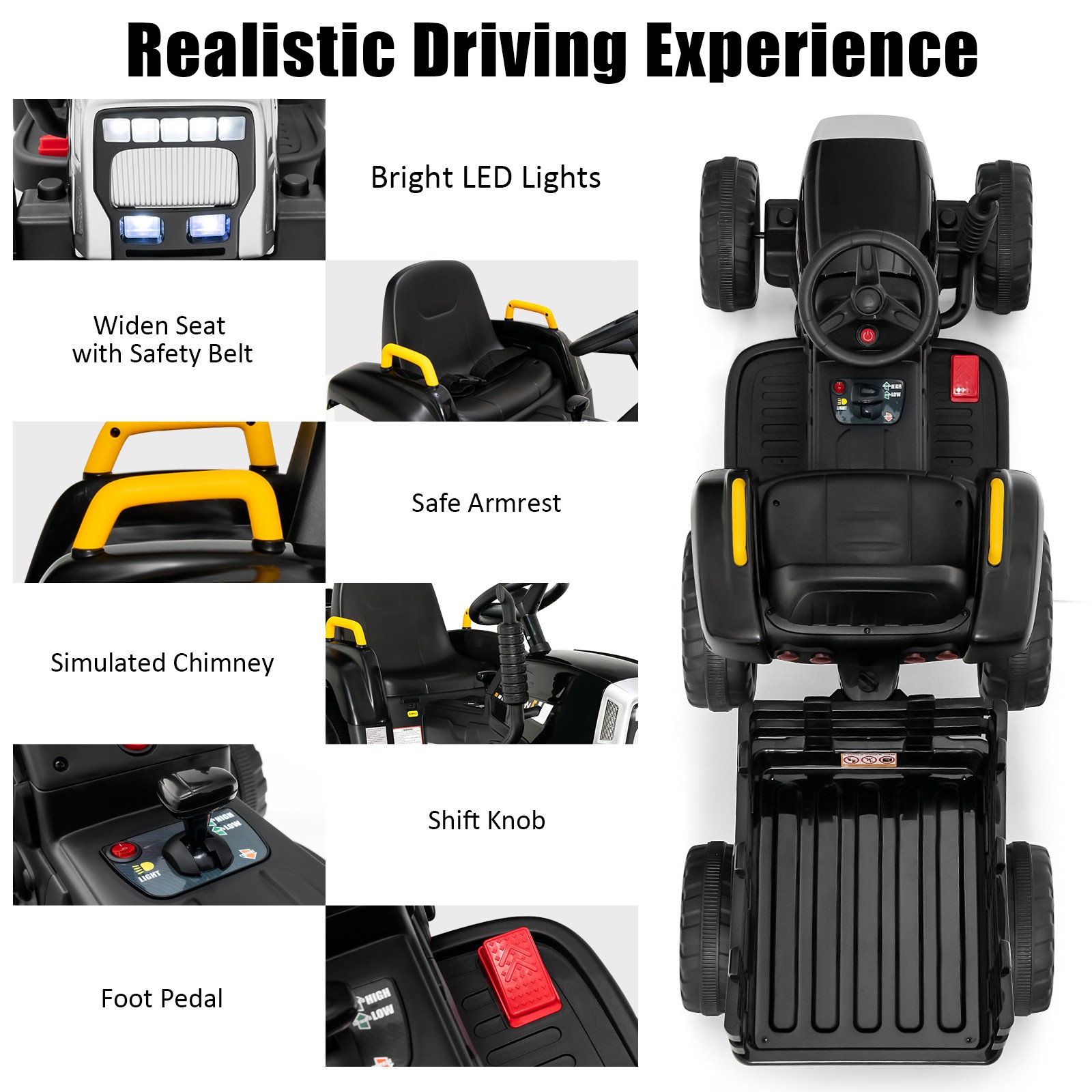 12V Kids Ride On Tractor with Trailer Ground Loader w/ RC & Lights Dark Black