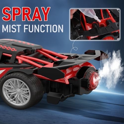 1/18 RC Car for Kids with Rechargeable Battery, LED Lights & Spray – Remote