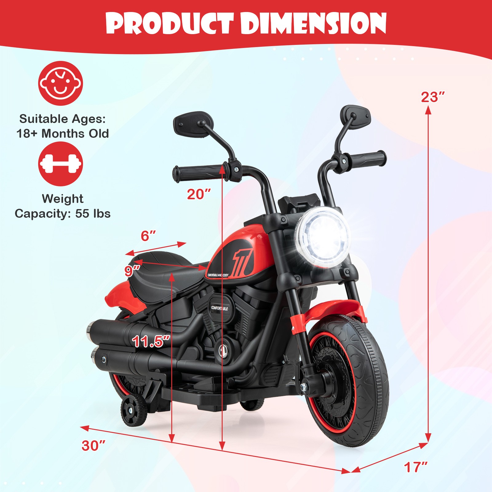 6V Kids Electric Motorcycle w/ Training Wheels LED Headlights Music Board Red
