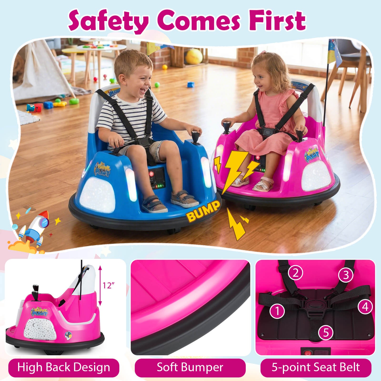 12V Kids Bumper Car,360° Spin & Remote.Battery-Powered,for 1.5-6 ages.Pink
