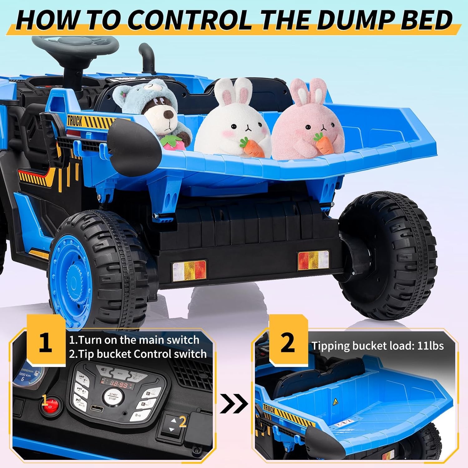 RC Kids Dump Truck in Blue + Auto Dump, LED Lights & Music, 2 Seats for Ages 3+