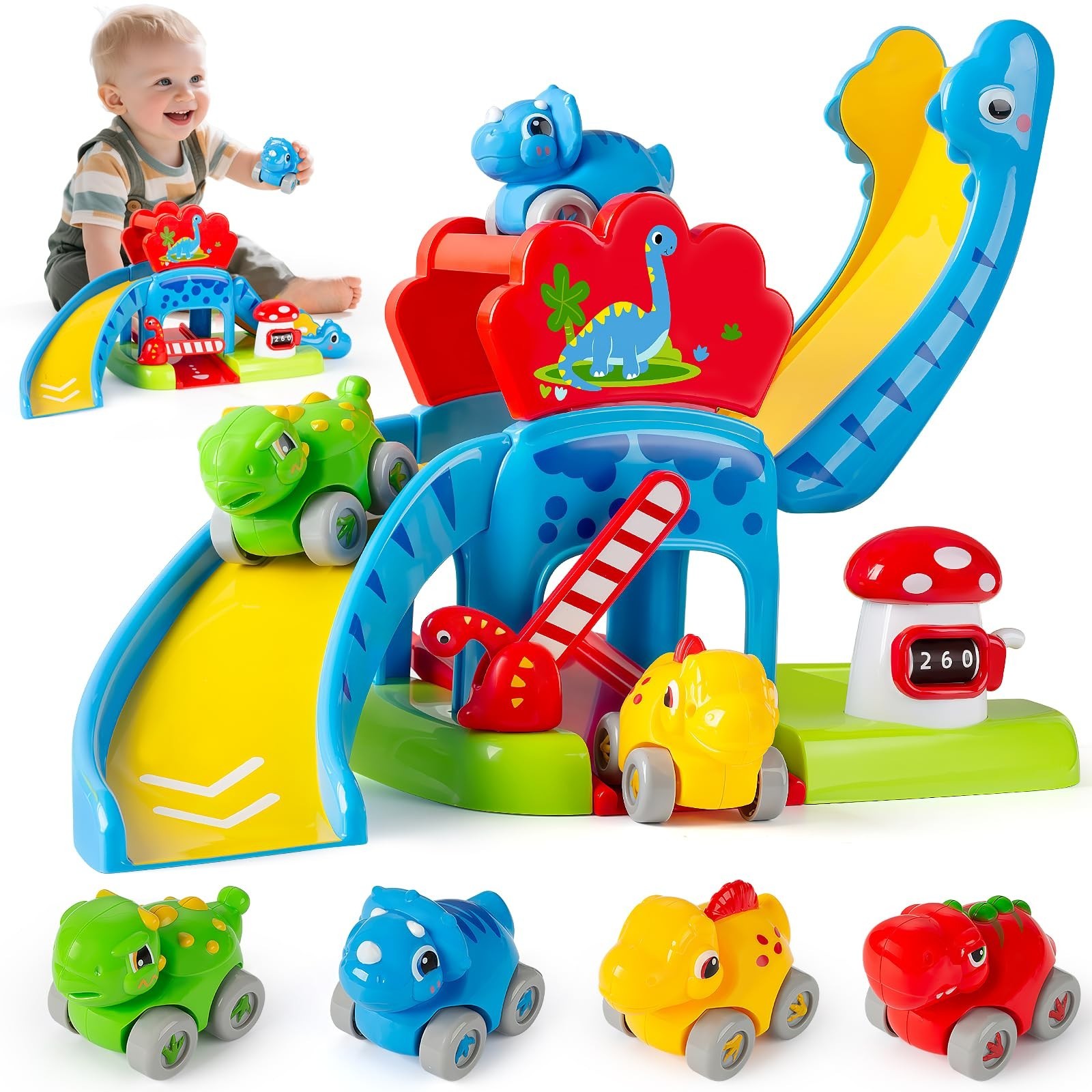 Dinosaur Car Ramp Toy for Toddlers 1-3, Drop & Go Racer with 4 Mini Cars, Educat