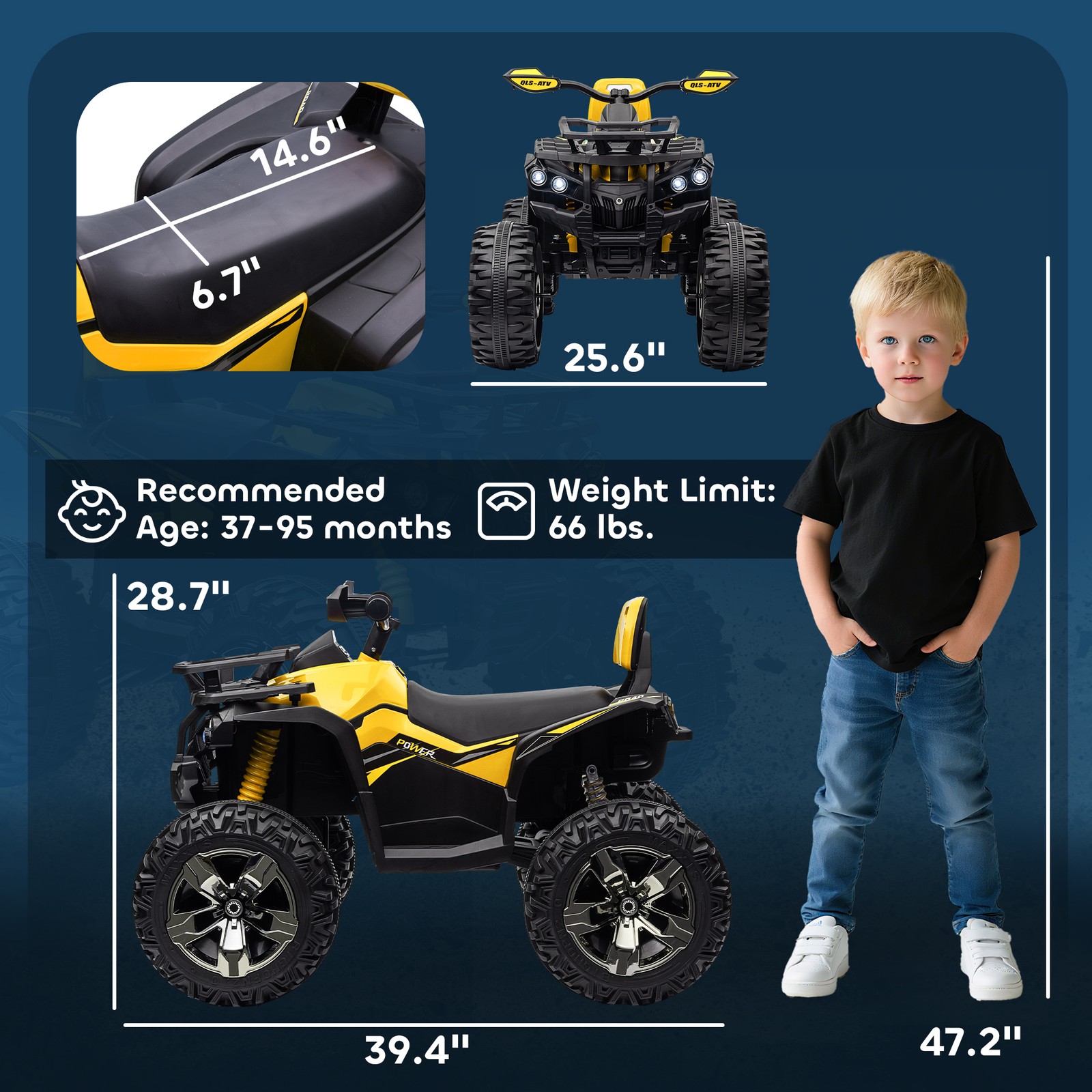 12V Kids ATV Quad Car Toy with Music & Headlights, Yellow