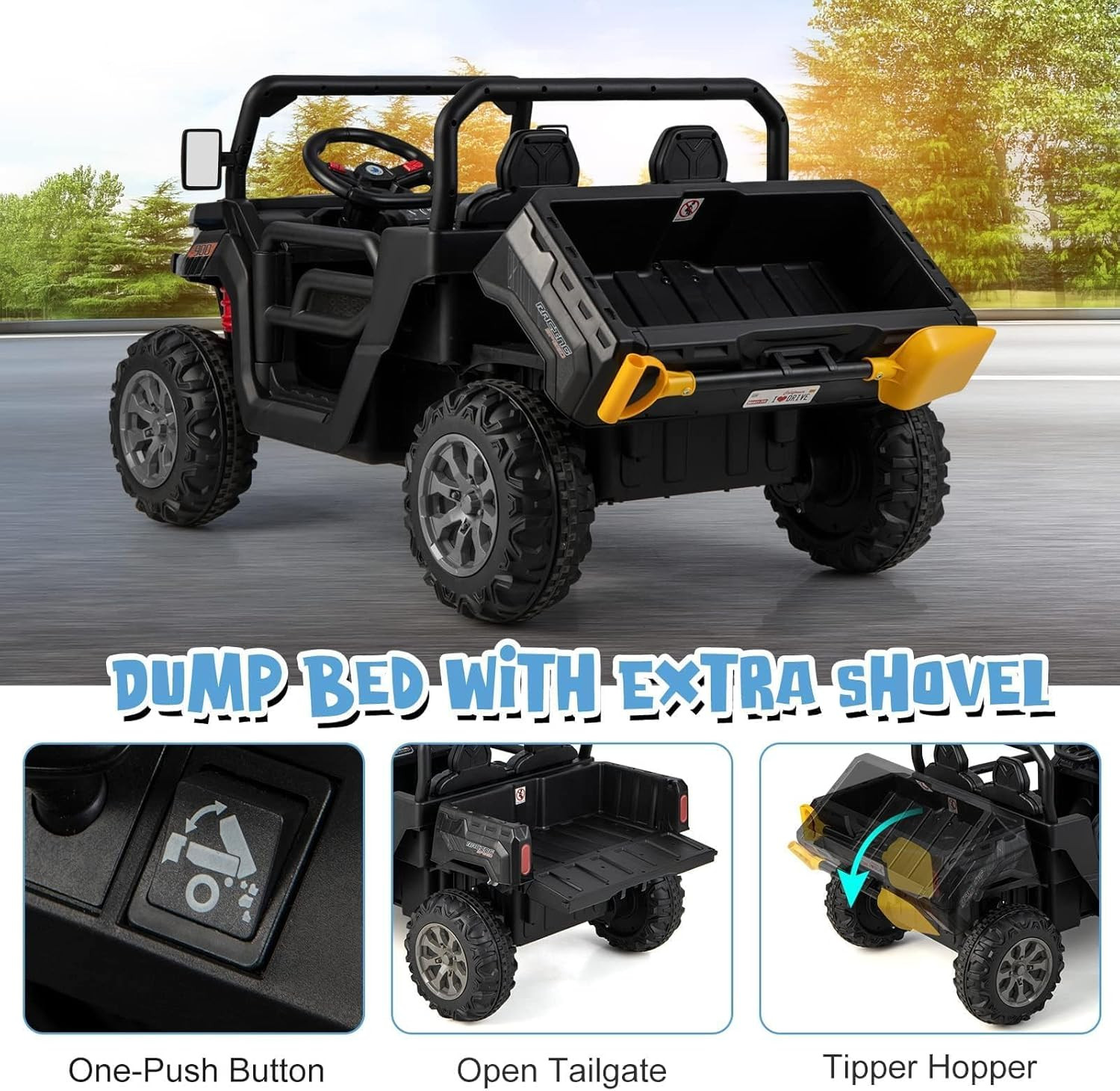 2 Seater Ride on Car, 12V Off-Road UTV Electric Vehicle with Remote Control, Dum