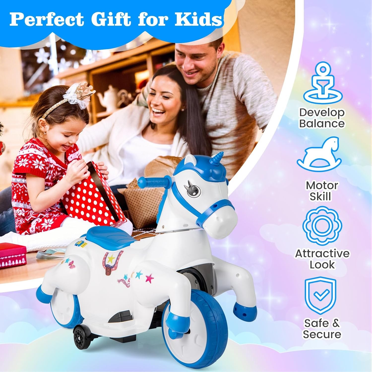 2 in 1 Ride on Motorcycle and Horse, Unicorn 6V Battery Powered Ride on Toy with