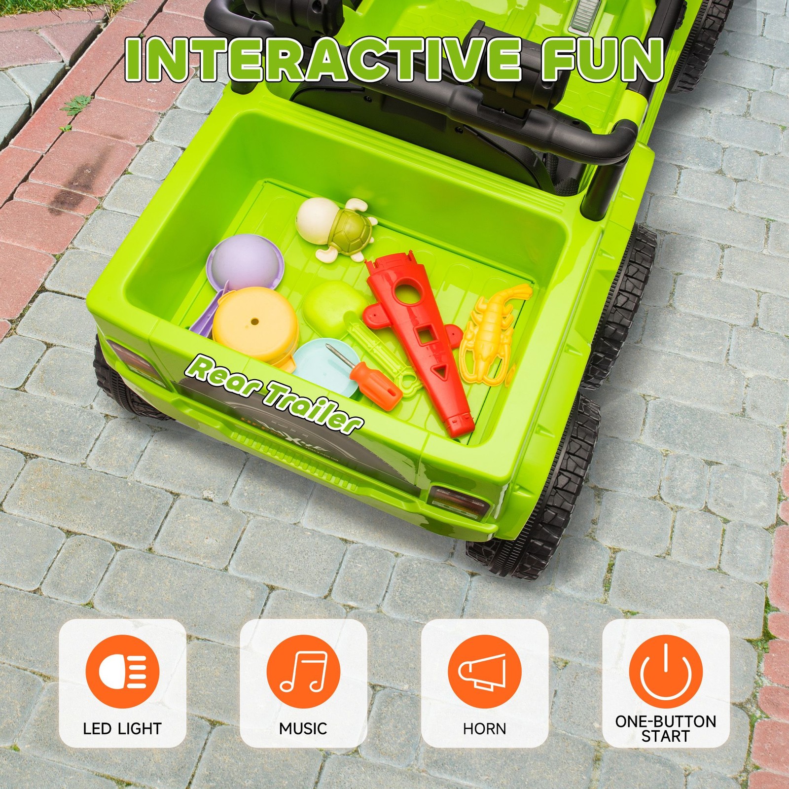 12V Durable Kids Car with Built-in Music Soft Start Seat Belt Green Color