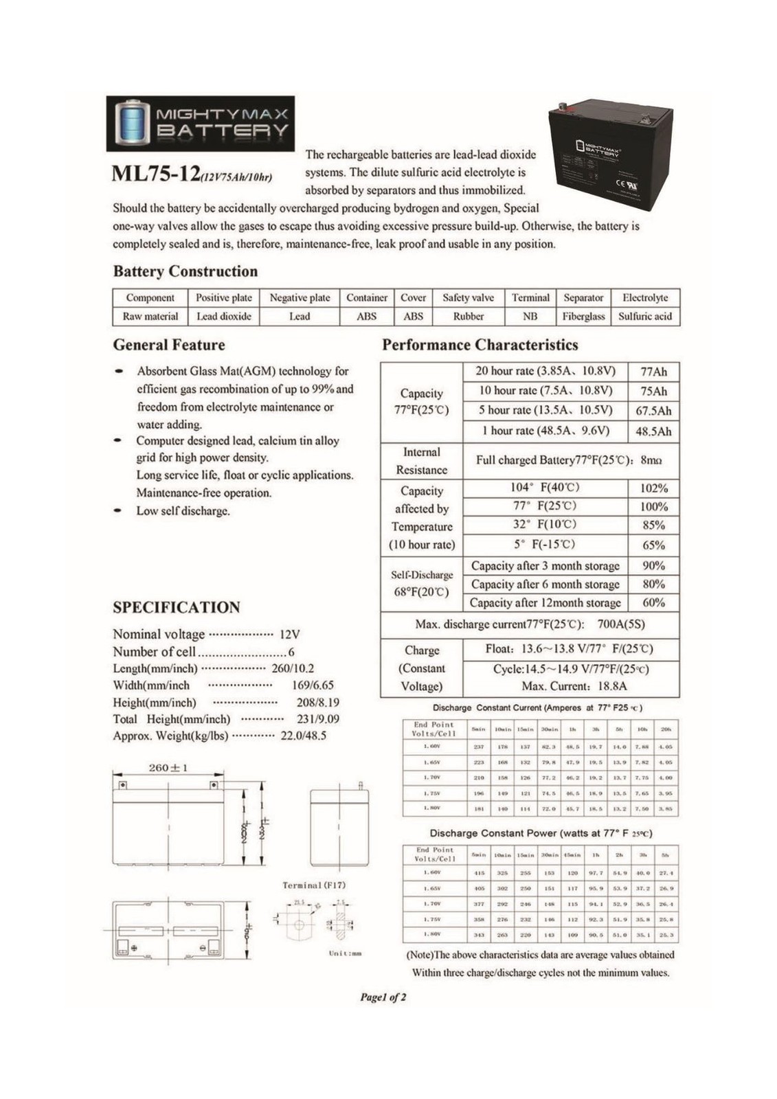 Mighty Max Battery ML75-12 12V 75Ah Battery for Scooter Wheelchair Golf Cart …