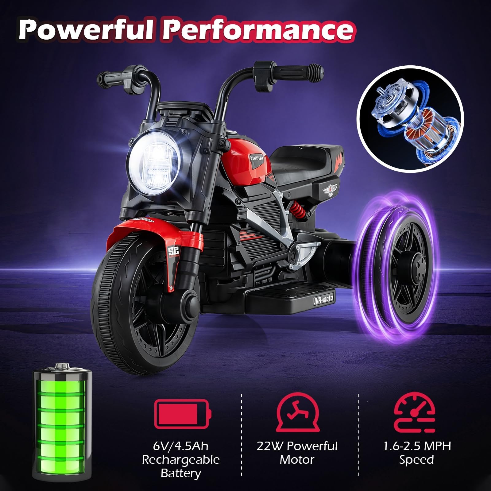 6V Electric Toddler Motorcycle Ride-On Toy, 3-Wheel Chopper with LED Lights & Mu